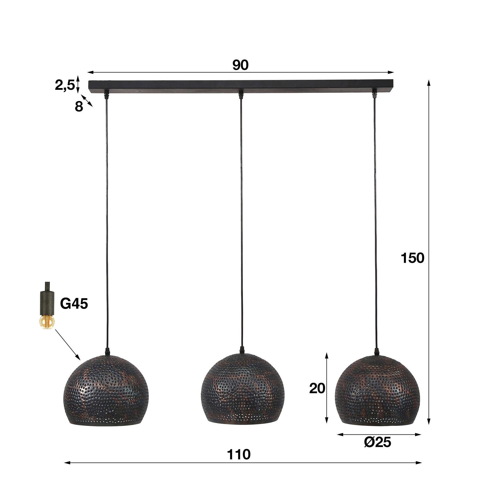 Hängeleuchte Aria 3-flammig Kugel Ø25 cm 110×25×150 cm – Metallleuchte Schwarz-Braun mit perforierten Schirmen, höhenverstellbar