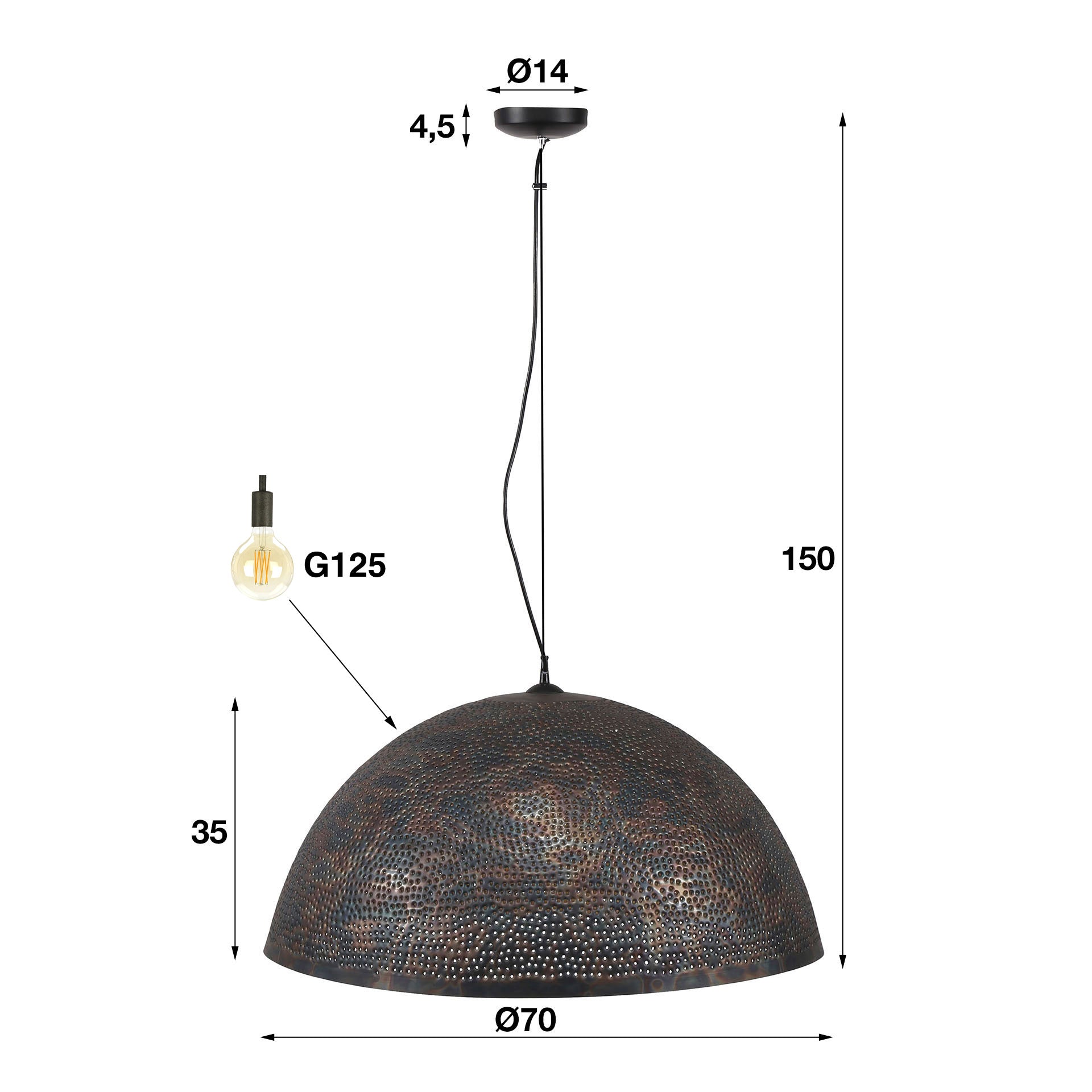 Hängeleuchte Aria Ø70 cm 70×70×150 cm – Metallleuchte Schwarz-Braun mit perforiertem Kugelschirm, 3-flammig & höhenverstellbar