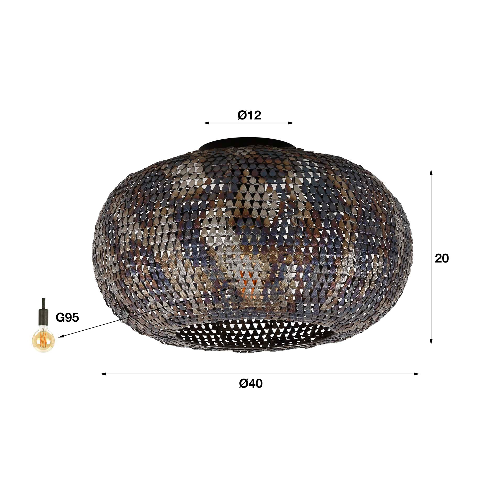 Deckenleuchte Armor 1-flammig Ø40 cm (40×40×20 cm). Handgefertigte Metallleuchte Schwarz-Braun mit perforierter Struktur, stimmungsvolles Licht, jede Leuchte ein Unikat.