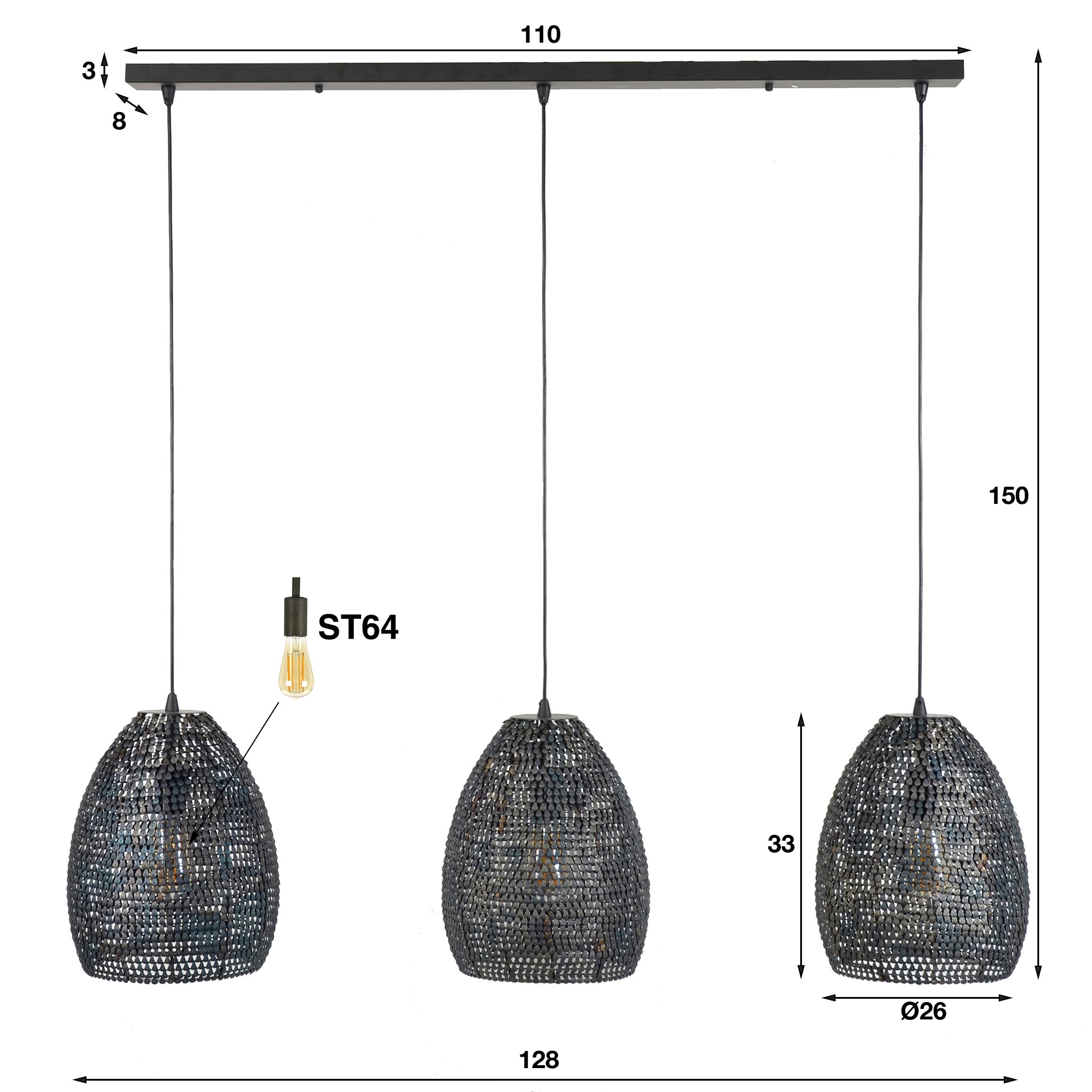 Hängelampe Armor 3-flammig oval Ø26 cm 128×26×150 cm – handgefertigte Metallleuchte Schwarz-Braun, höhenverstellbar & halbtransparent