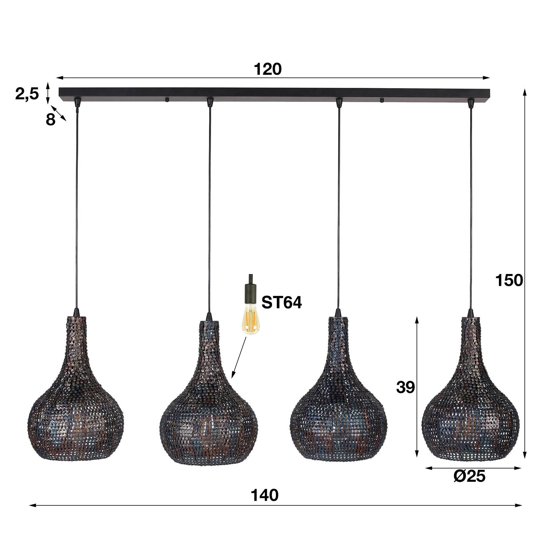 Hängelampe Fragola 4-flammig Kegel Ø25 cm 140×25×150 cm – handgefertigte Metallleuchte Schwarz-Braun, höhenverstellbar & halbtransparent