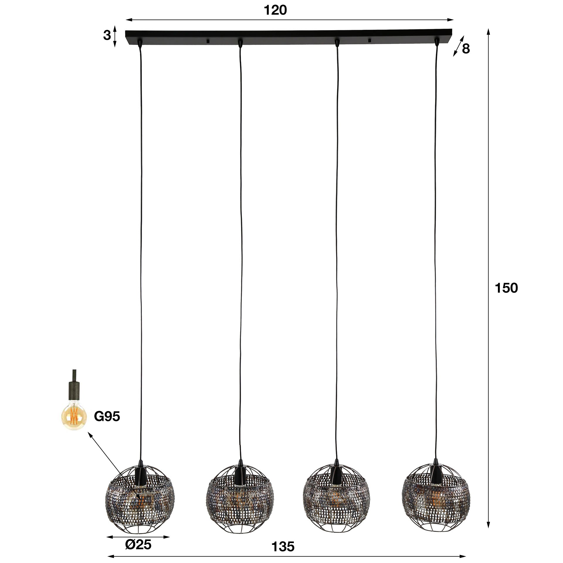 Hängelampe Armor 4-flammig Ø25 cm 135×25×150 cm – handgefertigte Metallleuchte Schwarz-Braun, höhenverstellbar & halbtransparent