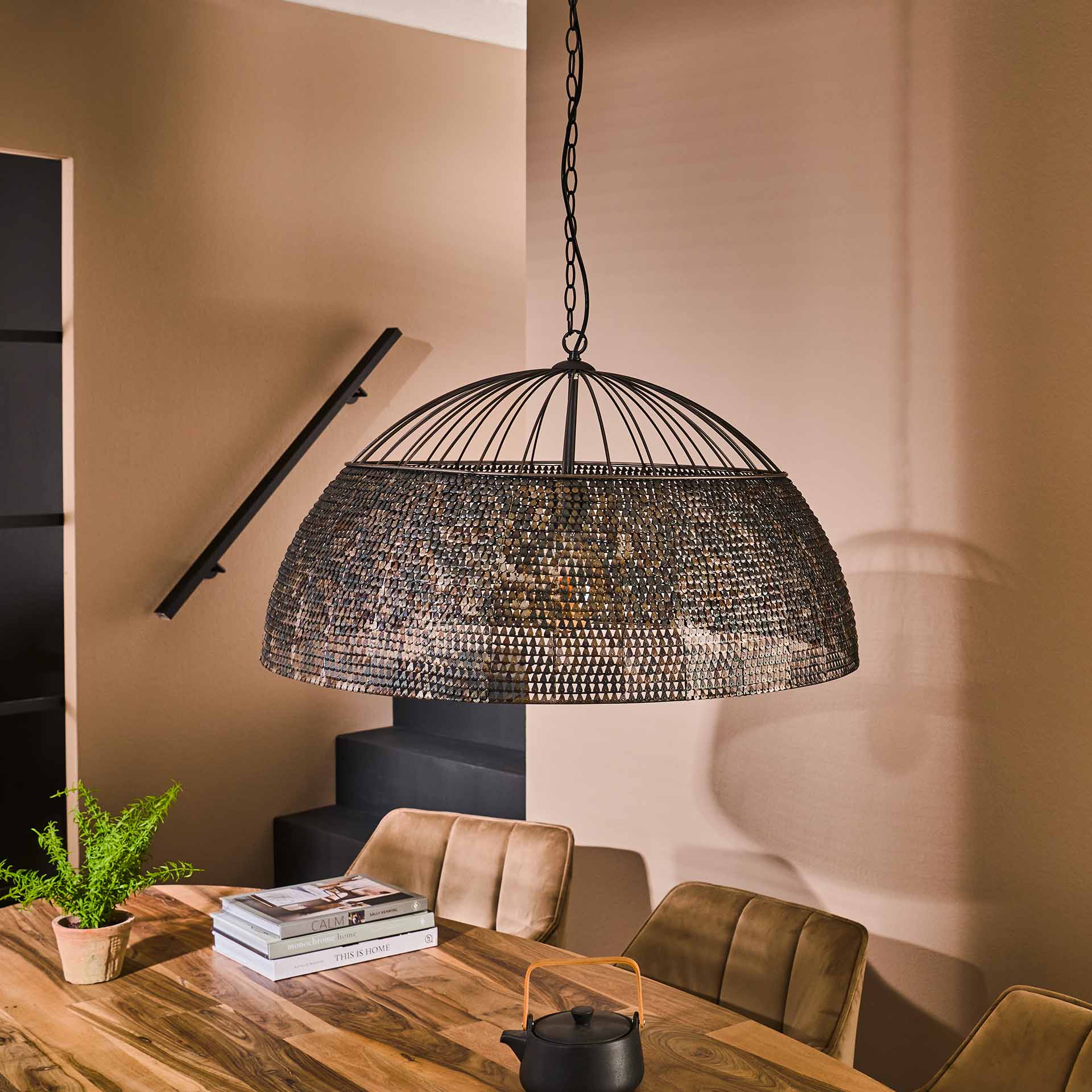 Hängelampe Armor Ø80 cm 80×80×150 cm – handgefertigte Metallleuchte Schwarz-Braun, höhenverstellbar & halbtransparentes Design