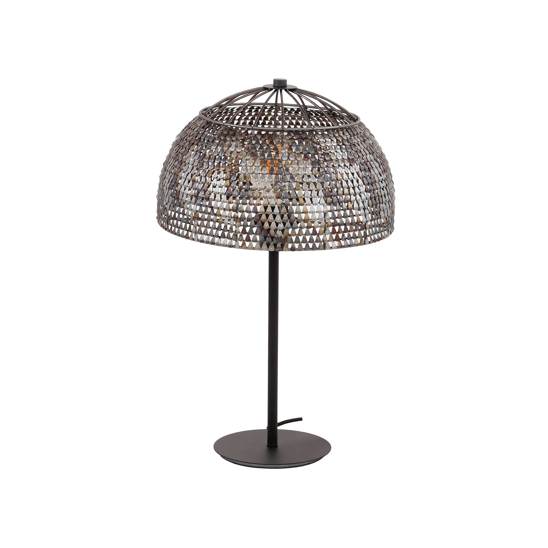 Tischleuchte Accorto Armor – Metall-Leuchte 35×55×35 cm mit handgefertigtem Schirm Ø35 cm, schwarz-braune Oberfläche, halbtransparent, E27
