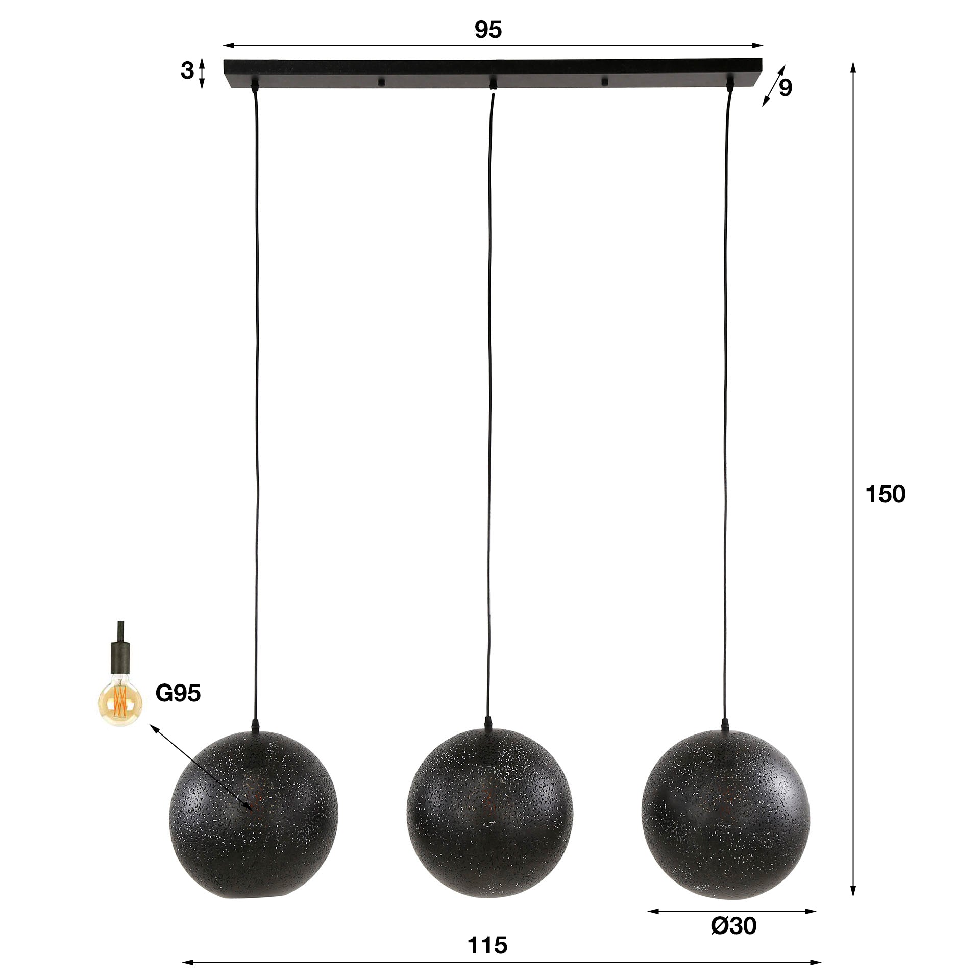 Hängeleuchte Accorto Zip 3-flammig – Metall-Leuchte 115×150×30 cm mit geätzten Schirmen Ø30 cm, artic black Finish, höhenverstellbar, E27