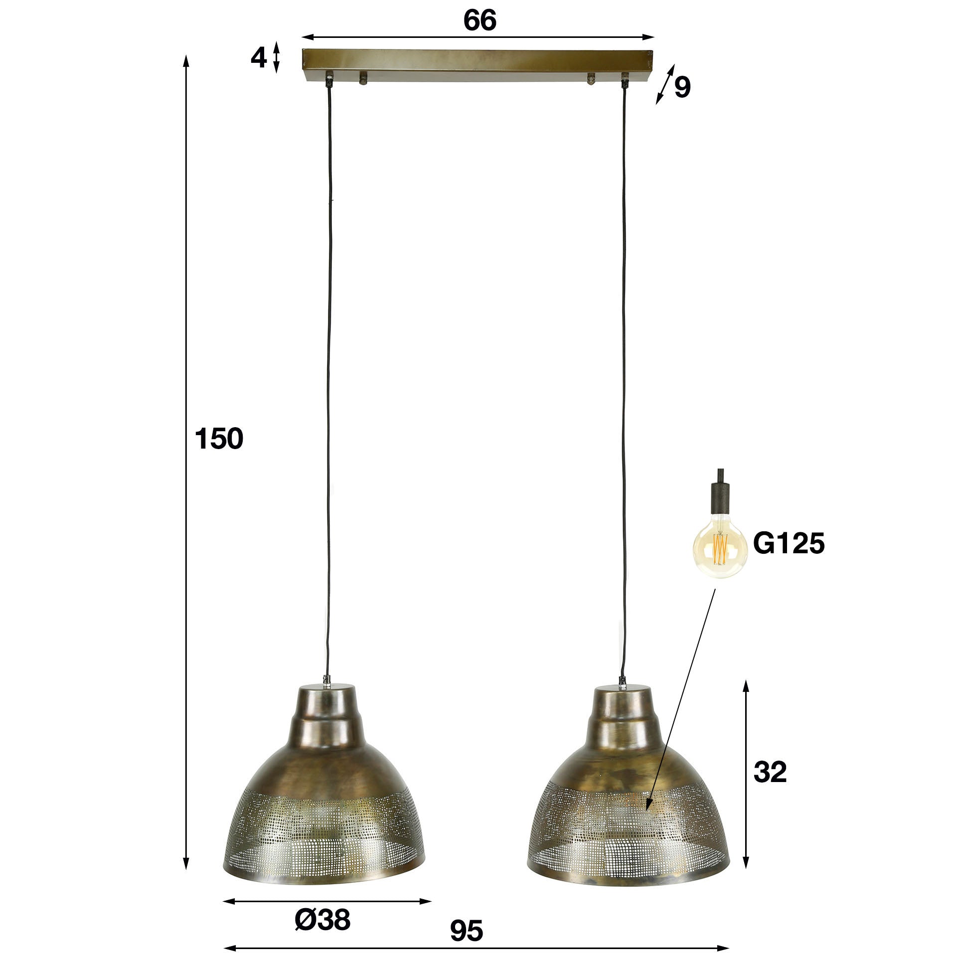 Hängeleuchte Aspetto 2-flammig – Metall-Leuchte 95×150×38 cm in Bronze-Antik mit handgefertigten Schirmen Ø38×32 cm, höhenverstellbar, E27