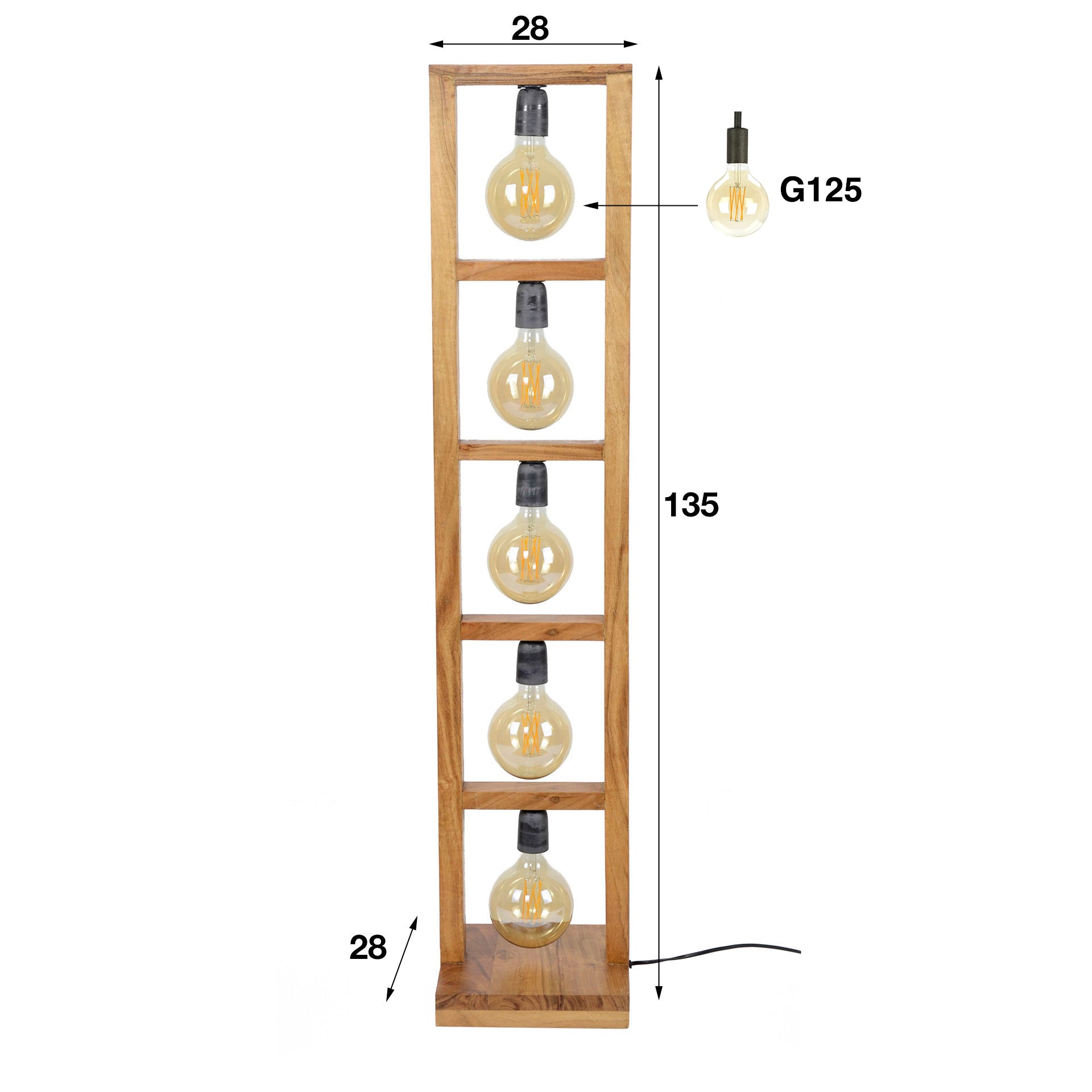Stehleuchte Collo 5-flammig – Holz-Leuchte 28×135×28 cm mit rechteckigem Akazienholzrahmen, sichtbaren Fassungen, E27, LED geeignet