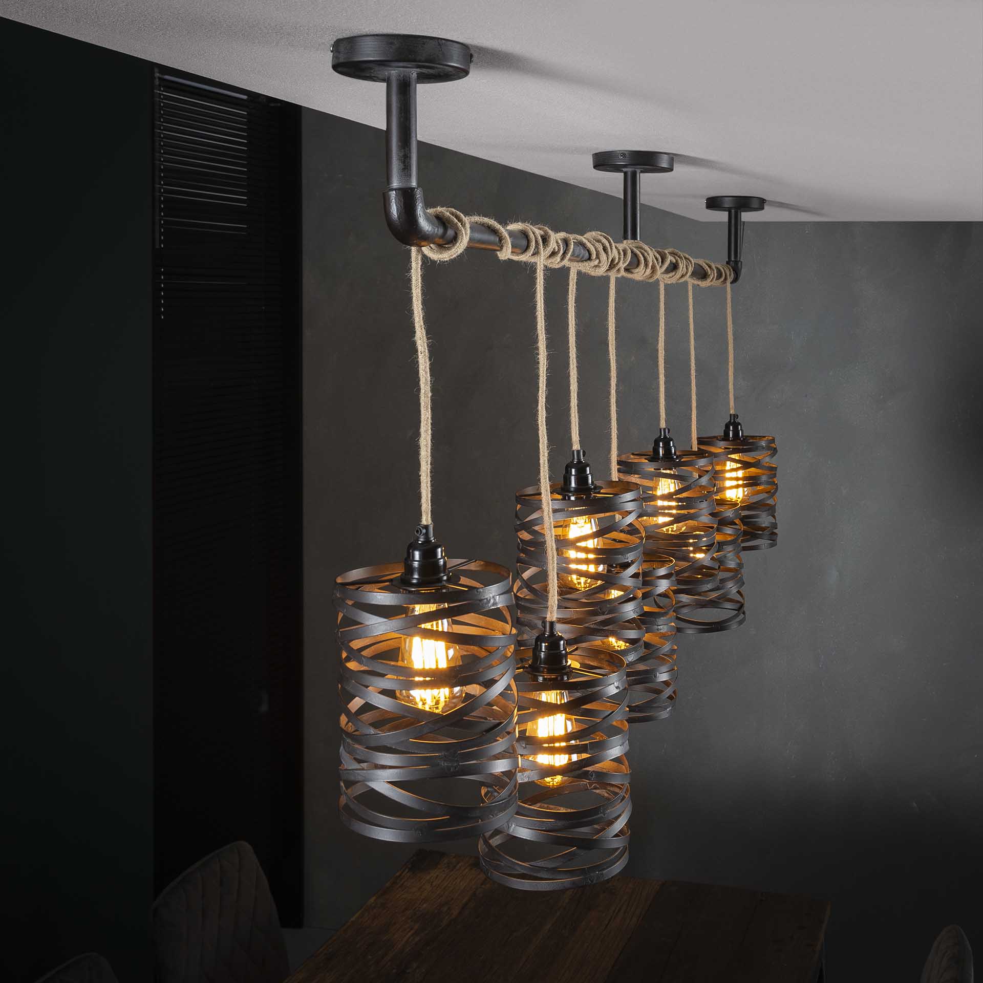 Hängeleuchte Lanterna Twist Wrap XL 7-flammig – Metall-Leuchte 175×150×15 cm mit Juteseil, schiefergrau-braun, höhenverstellbar, E27, LED geeignet