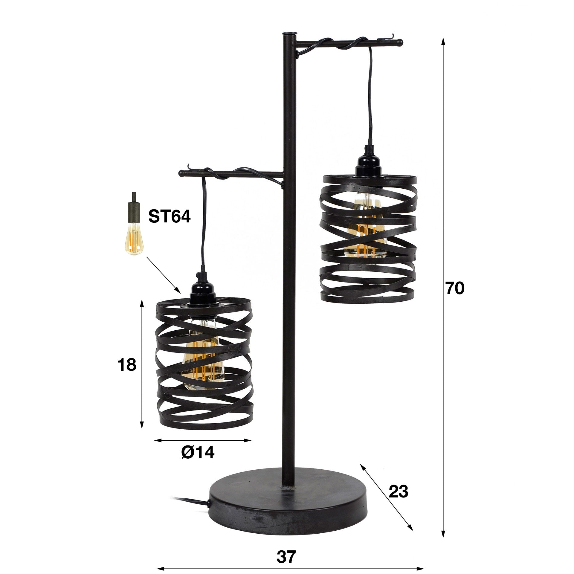 Tischleuchte Lanterna 2-flammig – Metall-Leuchte 37×70×23 cm in Schiefergrau-Braun mit Spindelschirmen, E27, LED geeignet