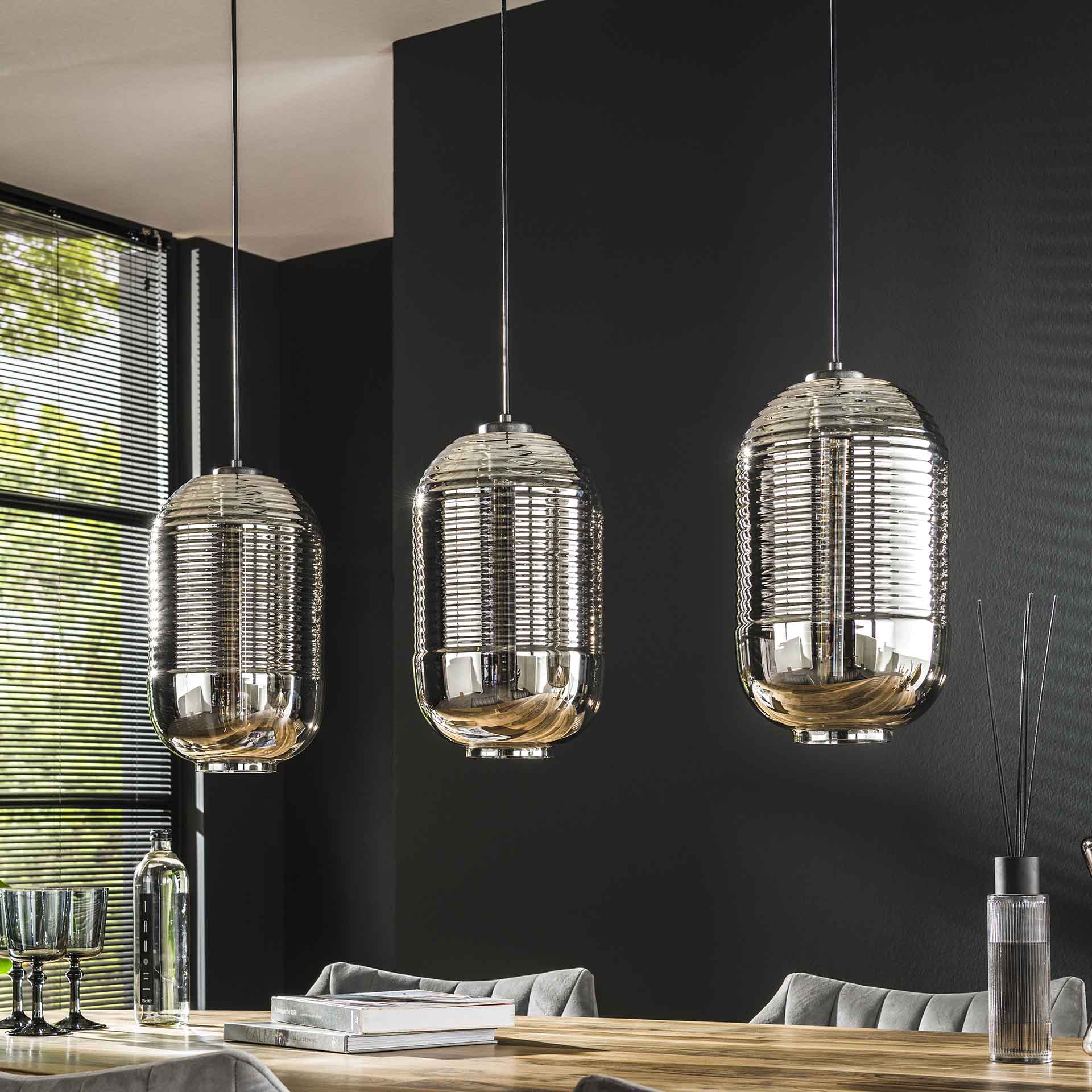 Hängeleuchte Colla 3-flammig – Glas-Leuchte mit verchromten Schirmen 105×150×22 cm, höhenverstellbar, E27, LED geeignet