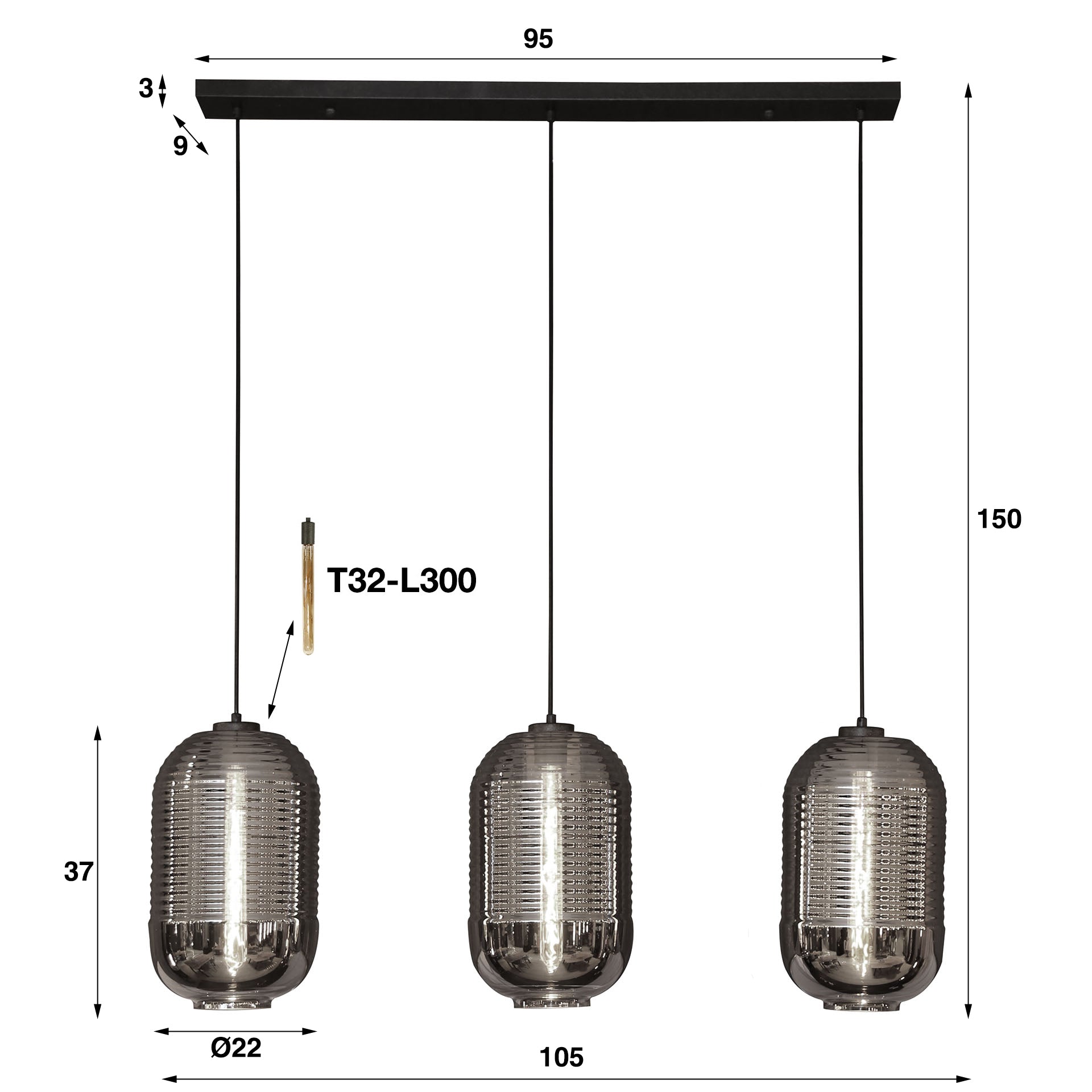 Hängeleuchte Colla 3-flammig – Glas-Leuchte mit verchromten Schirmen 105×150×22 cm, höhenverstellbar, E27, LED geeignet