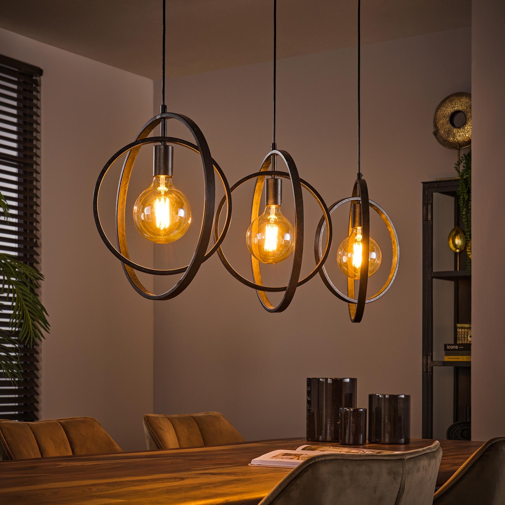 Hängeleuchte Carino 3-flammig – Metall-Leuchte 130×150×30 cm, drehbare Kreise im Charcoal-Finish, höhenverstellbar, 3×E27, LED geeignet