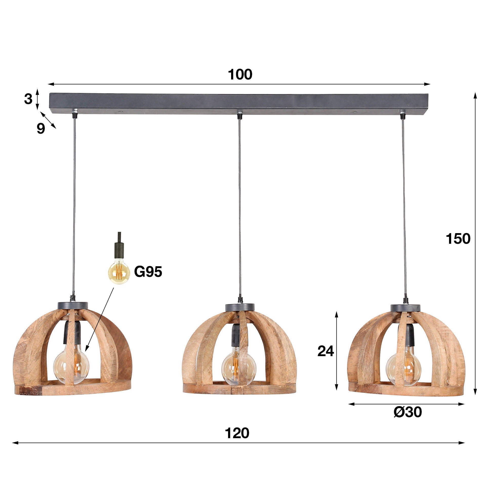 Pendelleuchte Sedia 3-flammig 3xØ30 cm – Moderne Hängelampe aus Mangoholz, höhenverstellbar bis 150 cm
