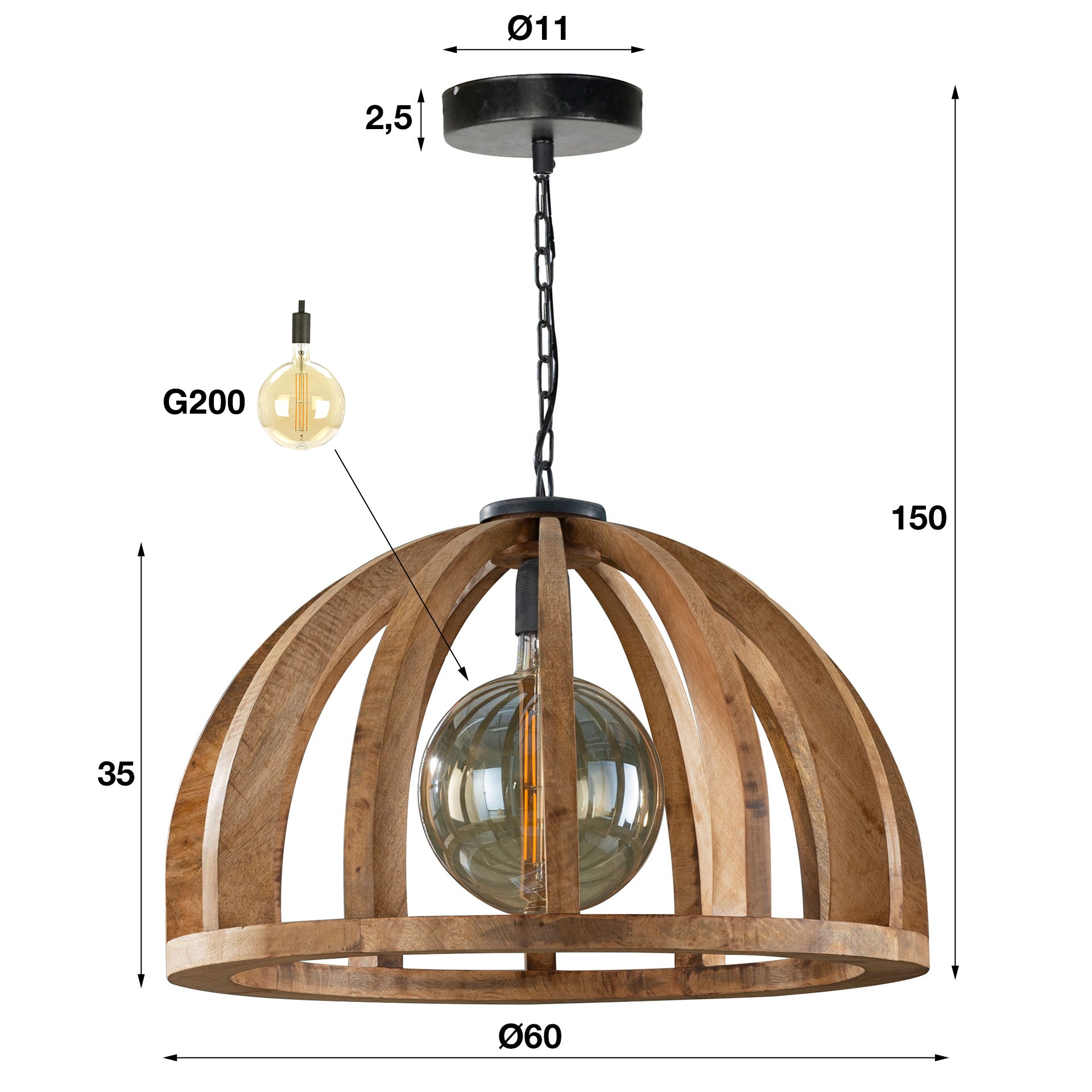 Pendelleuchte Sedia 1-flammig Ø60x35 cm – Moderne Hängelampe aus Mangoholz mit Kette, höhenverstellbar bis 150 cm