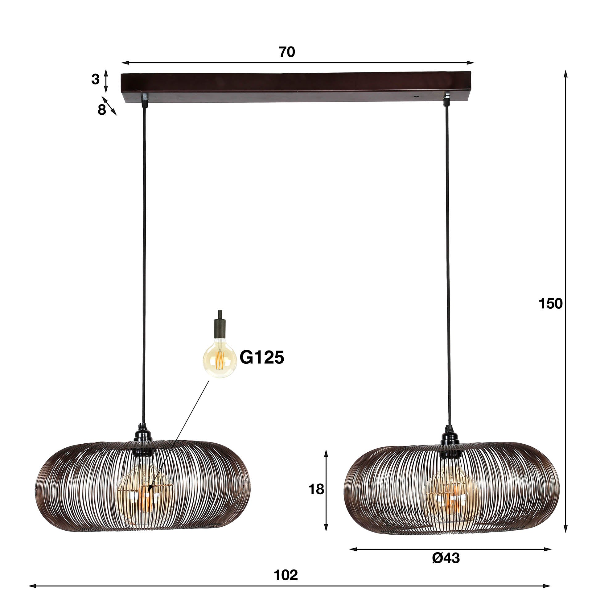 Pendelleuchte Vecchio 2-flammig 102x43x150 cm – moderne Metall-Hängelampe mit 2 Scheibenschirmen Ø43 cm & goldenen Details im Industrial Design