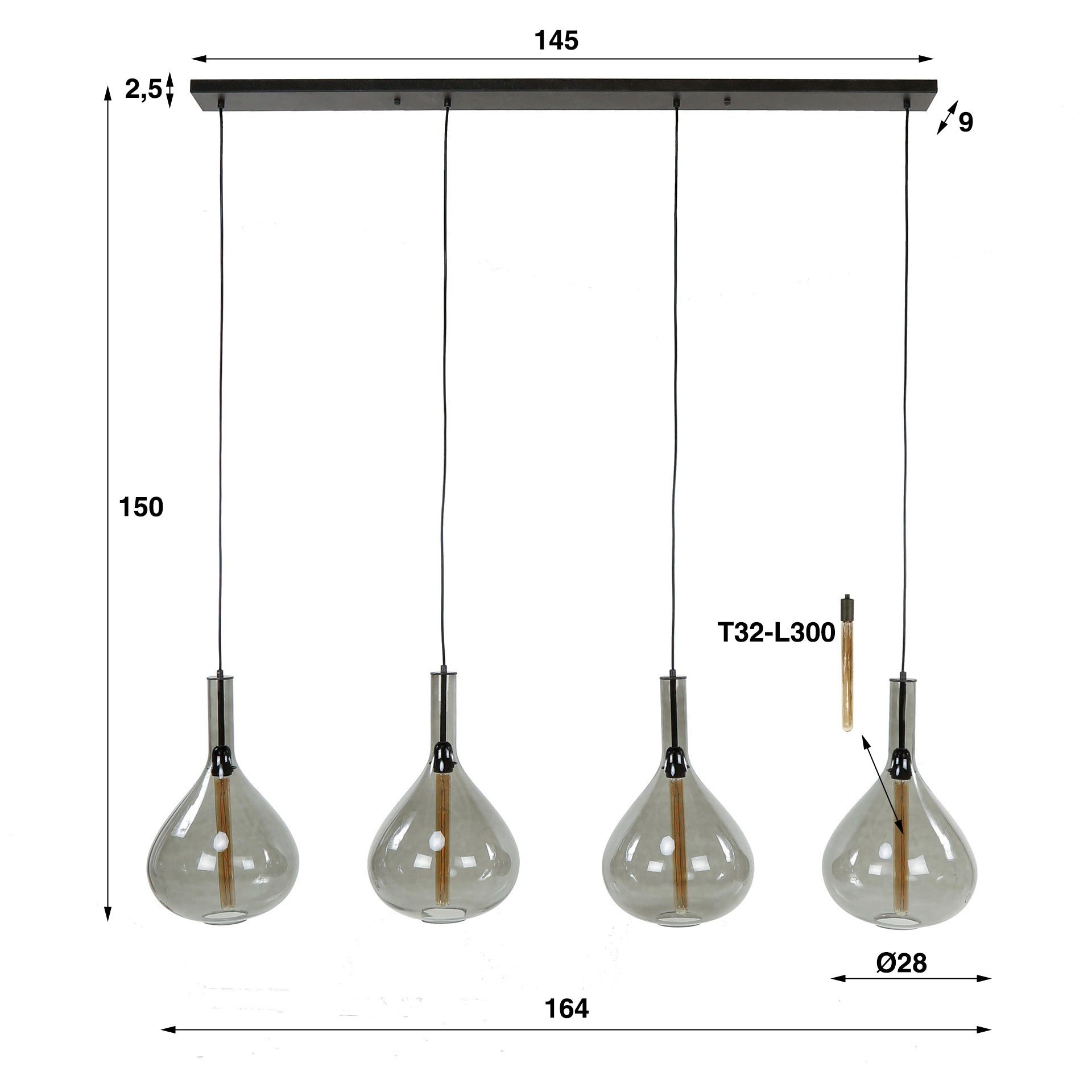 Hängeleuchte Fumo 4-flammig 164x28x150 cm – moderne Rauchglas-Pendelleuchte mit verstellbaren Schirmen Ø28 cm
