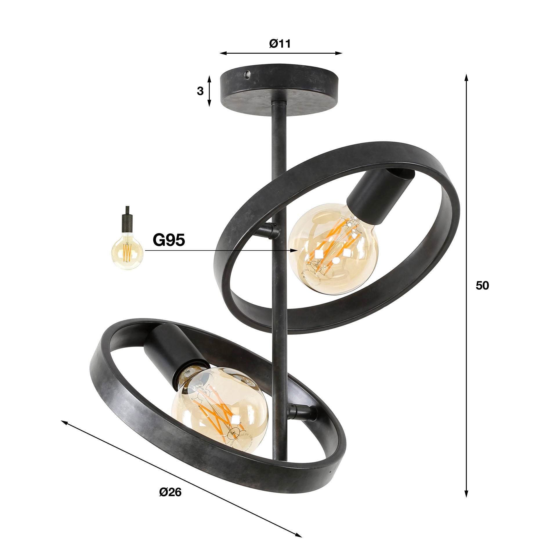 Deckenleuchte Leggero 2-flammig 42x26x37 cm – moderne Metall-Deckenlampe in Schwarz für E27 LED-Leuchtmittel