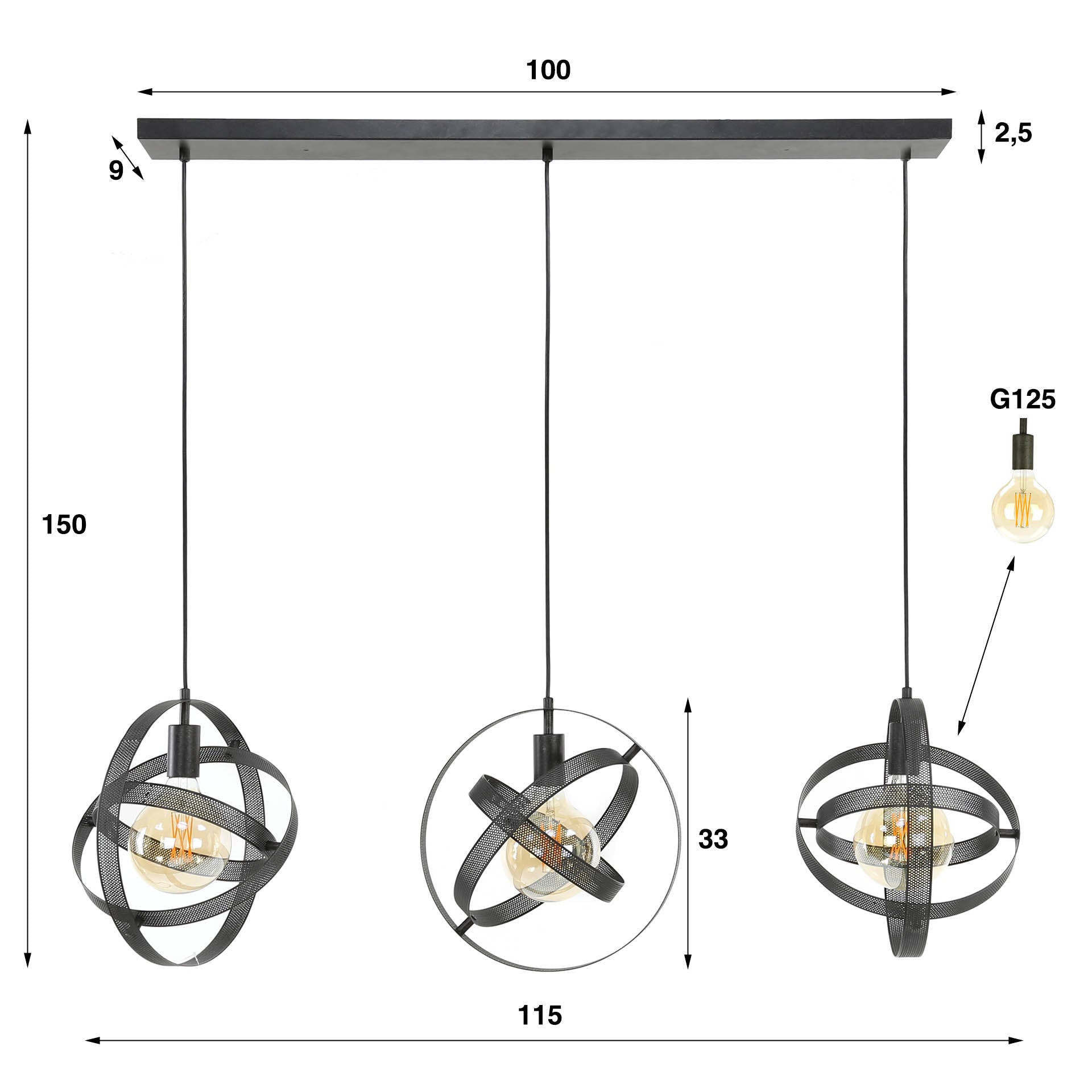 Hängeleuchte Helio Vista 3-flammig 115x33x150 cm – moderne schwarze Metall-Leuchte mit drehbaren Ringen, höhenverstellbar, 3×E27, LED geeignet