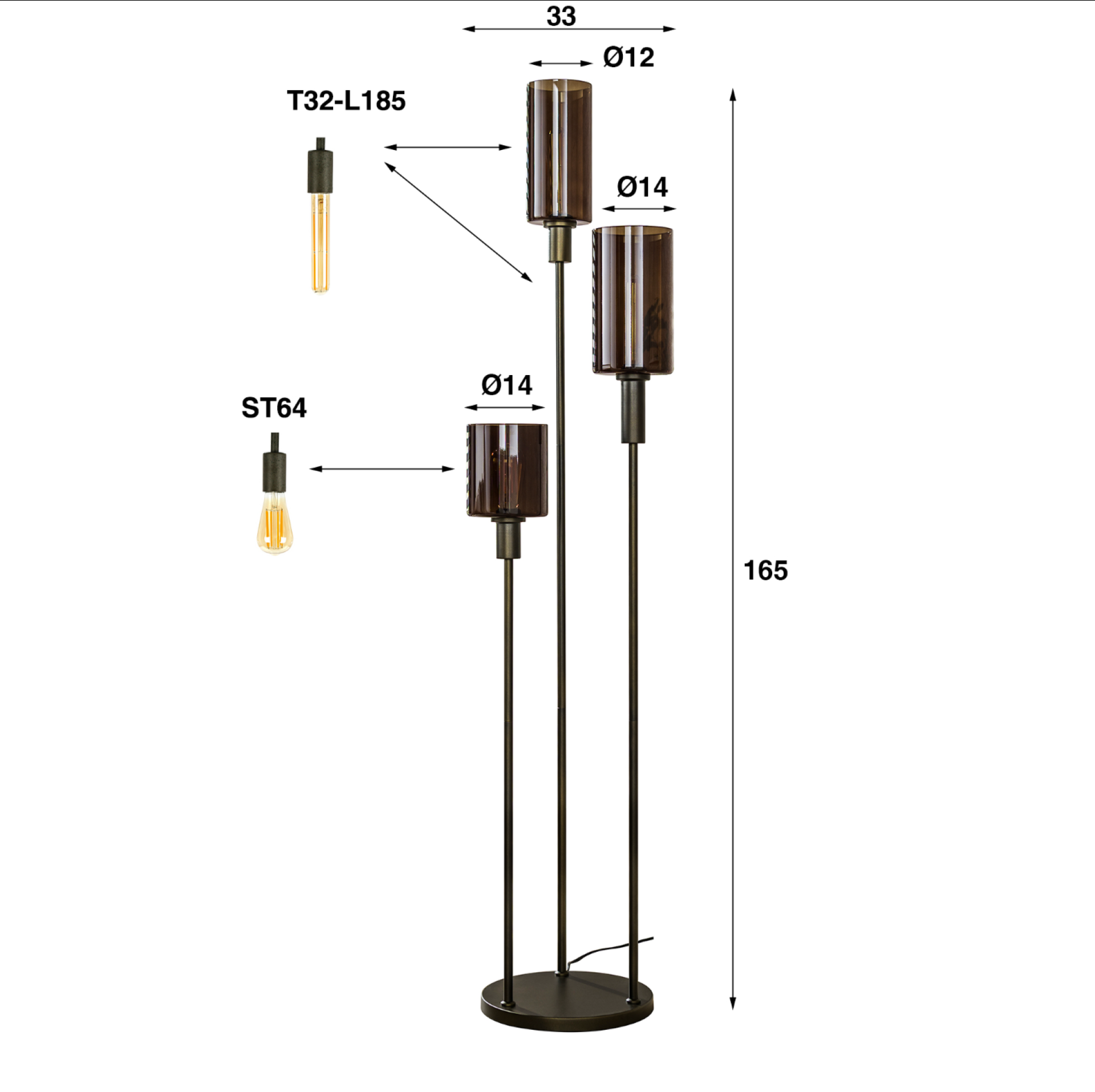Stehleuchte Liora – 3-flammiges Design mit Glas & Bronze, 33 x 33 x 165 cm