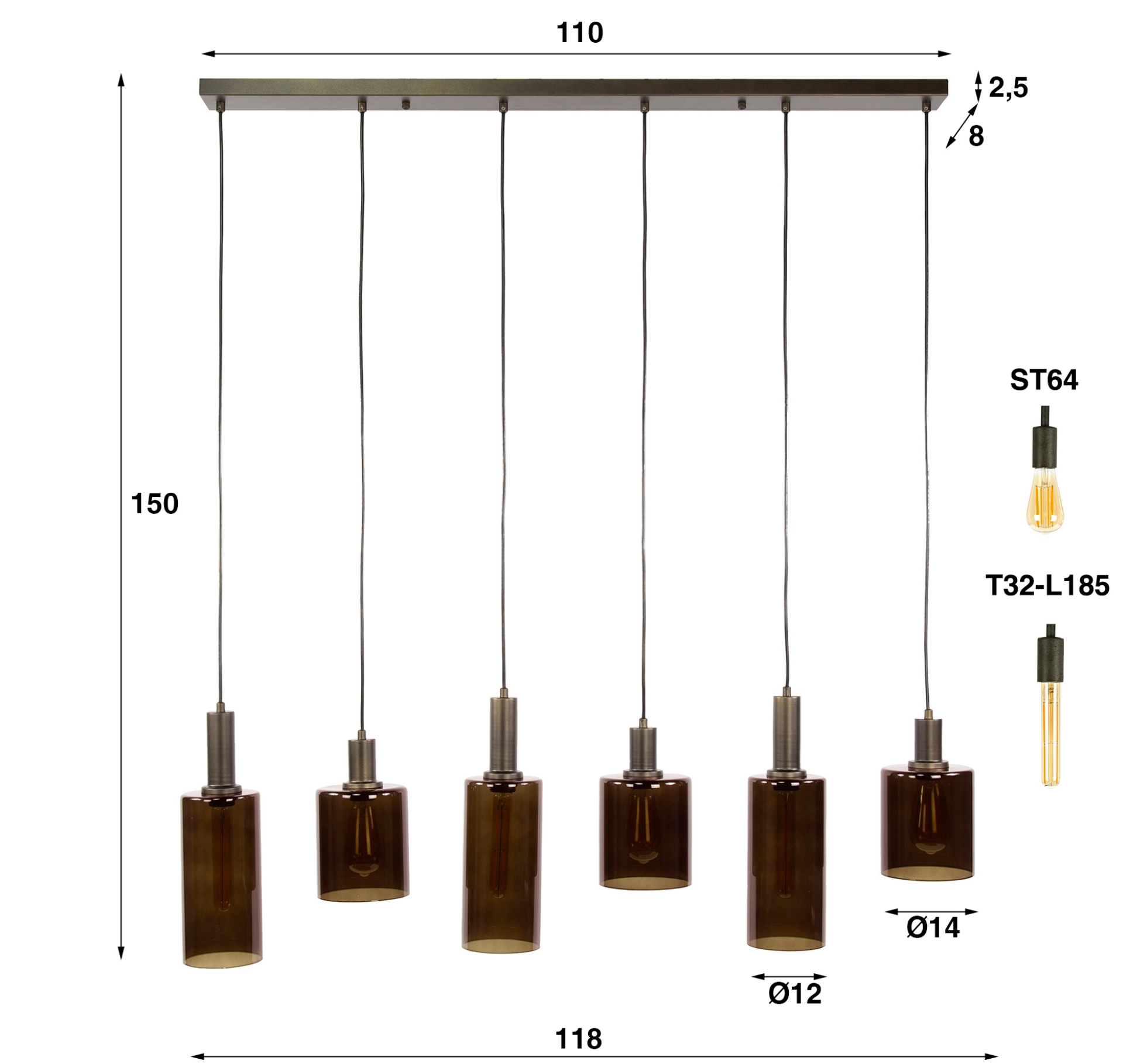 Pendelleuchte Liora – Deckenlampe mit 6 höhenverstellbaren Glasschirmen & Metallhalterung in Bronze, 118 x 14 x 150 cm