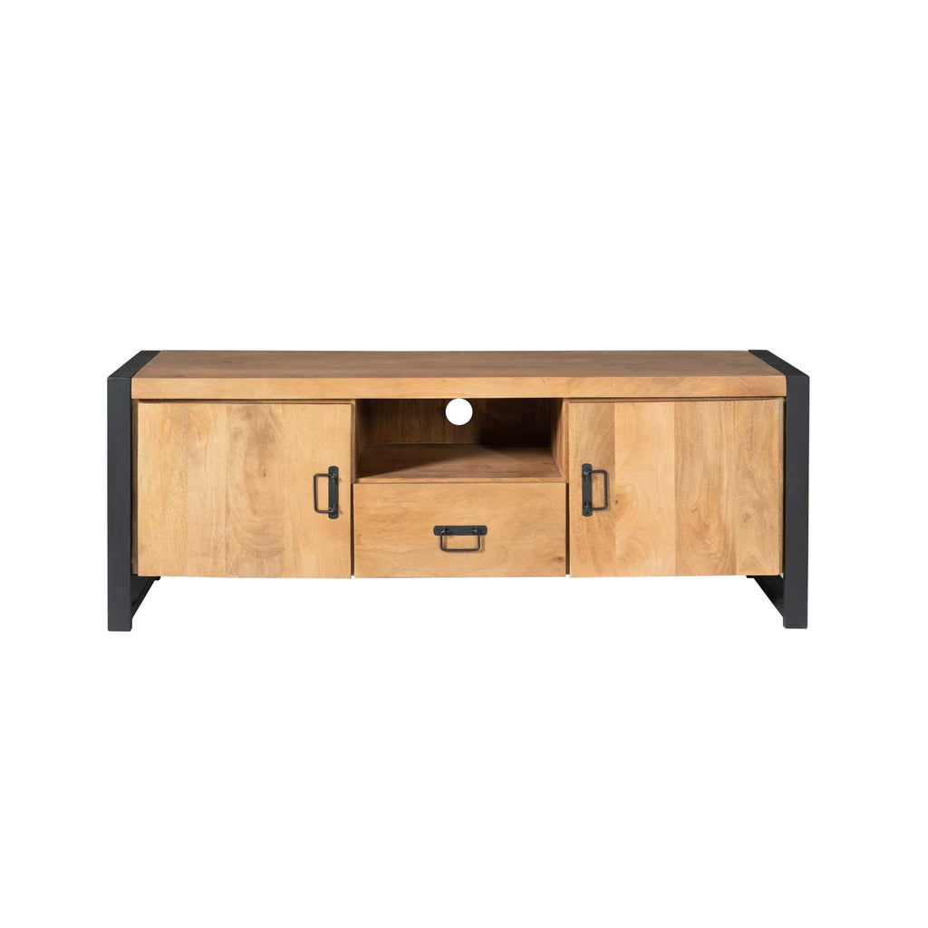 TV-Board Bori Natur – Lowboard aus Mangoholz & Metall mit 2 Türen, Fach & Schublade, schwarzer Rahmen, modern & robust