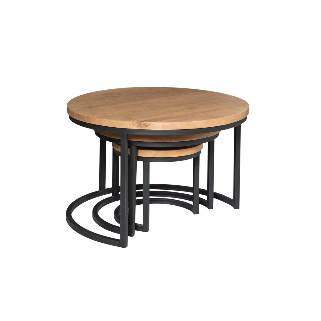 Couchtisch-Set Delta – 3 runde Tische aus Mangoholz & schwarzem Stahlrahmen, Ø70/50/35 cm, Höhe 45/38/31 cm