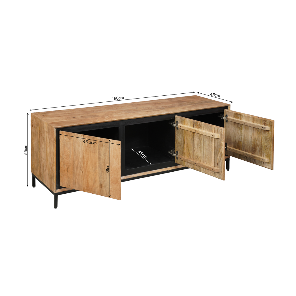 TV-Board Rois 150x45x55 cm – Massives Mangoholz mit schwarzem Metallrahmen & 3 grifflosen Türen