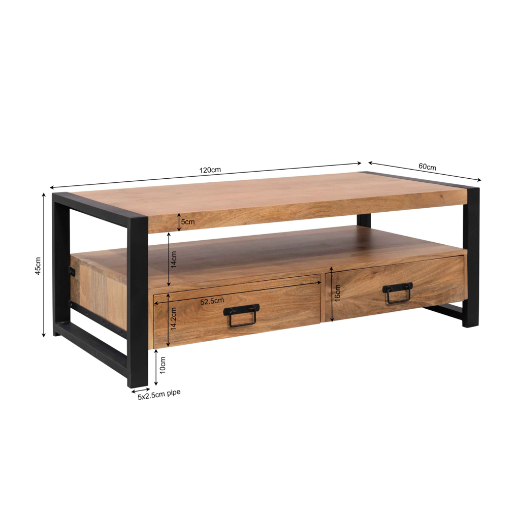 Couchtisch Bori – Rechteckiger Tisch aus Mangoholz & Metallgestell, 120 x 60 x 45 cm