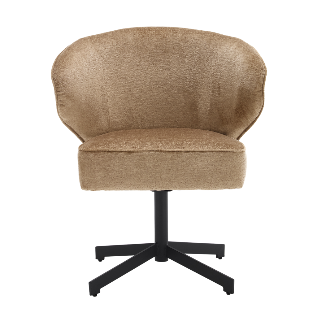 Esszimmerstuhl Persie Beige – Drehstuhl mit Armlehnen aus Loris-Stoff & schwarzem Metallgestell, 68×62×83 cm