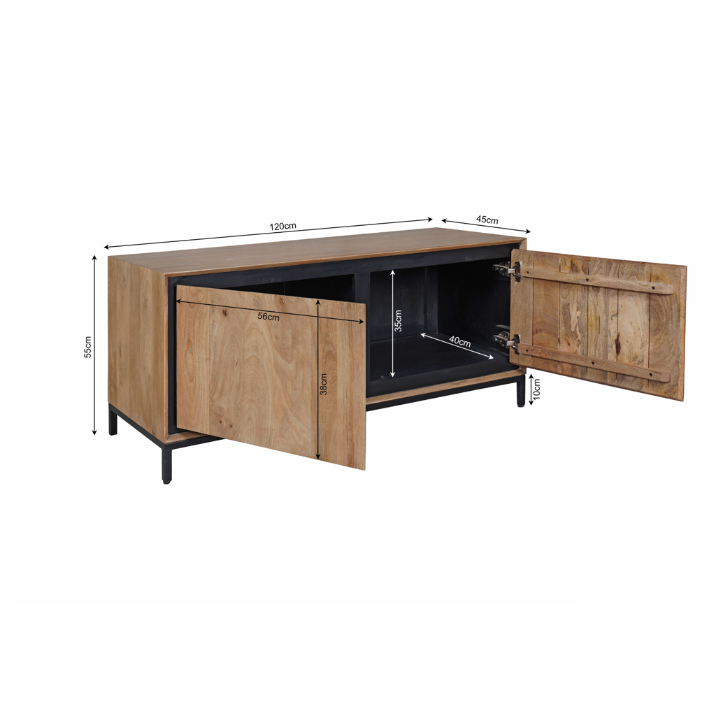 TV-Kommode Rois – Mangoholz Lowboard mit schwarzem Metallrahmen, 120×55×45 cm, 2 grifflosen Türen im modernen Design