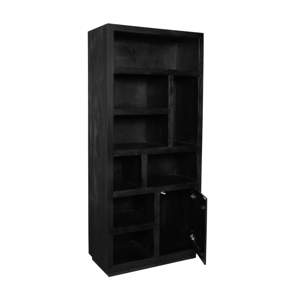Bücherregal Bali Schwarz – Mangoholz mit modernem Design, 5 offene Fächer & 2 Türen mit Push-to-Open, 90 x 45 x 200 cm