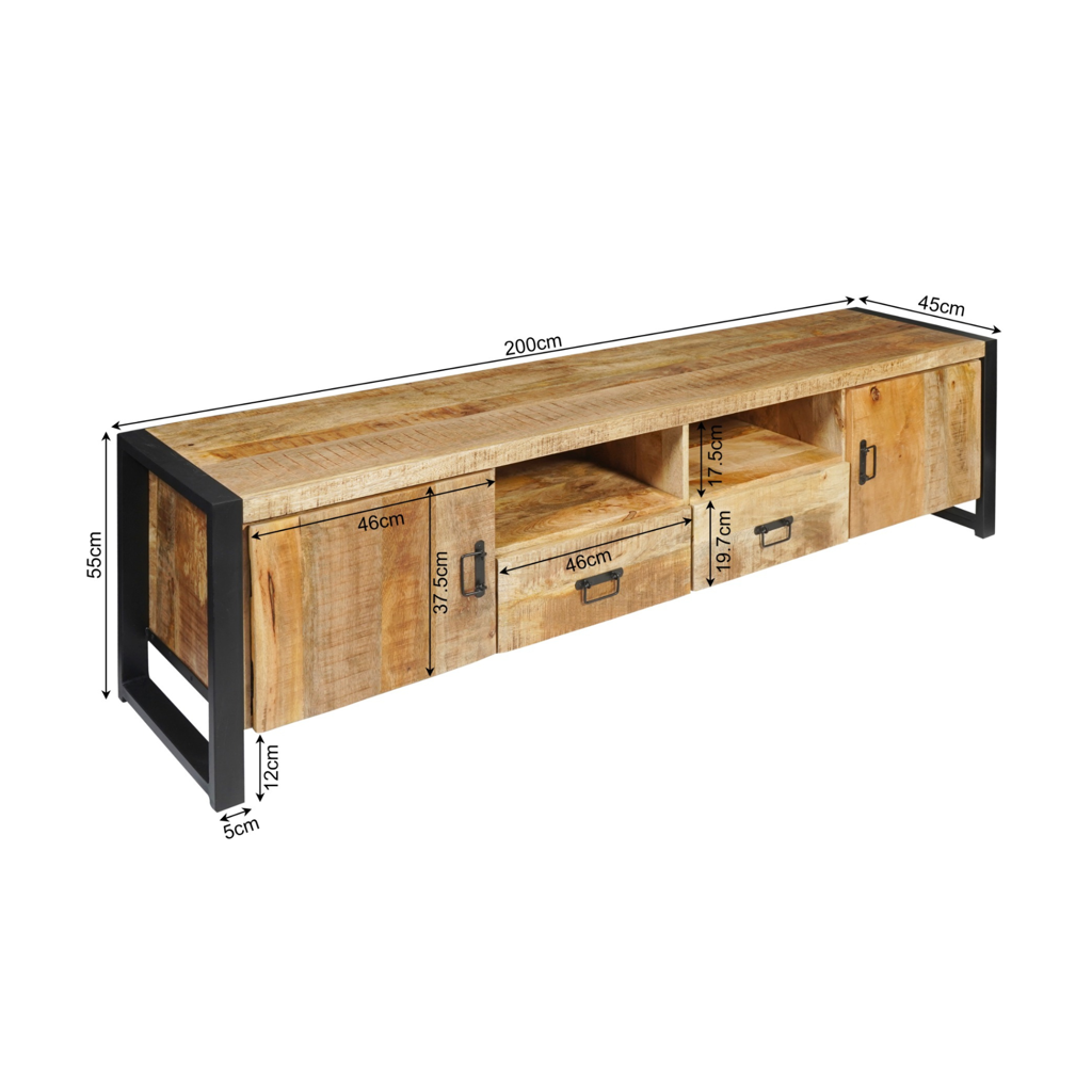 TV-Board Bori Natur– Mangoholz Lowboard mit 2 Türen, Fach & 2 Schubladen, 200×45×55 cm