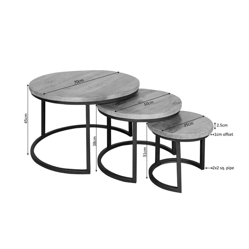 Couchtisch-Set Delta – 3 runde Tische aus Mangoholz & schwarzem Stahlrahmen, Ø70/50/35 cm, Höhe 45/38/31 cm