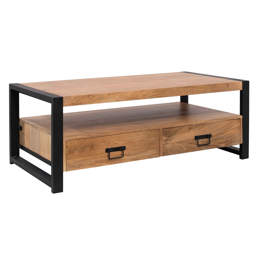 Couchtisch Bori – Rechteckiger Tisch aus Mangoholz & Metallgestell, 120 x 60 x 45 cm