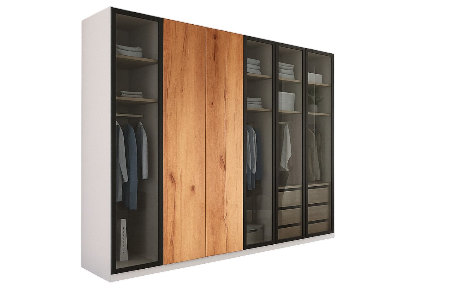 Kleiderschrank Natura 300 cm – Glas & Holz, LED, nachhaltig