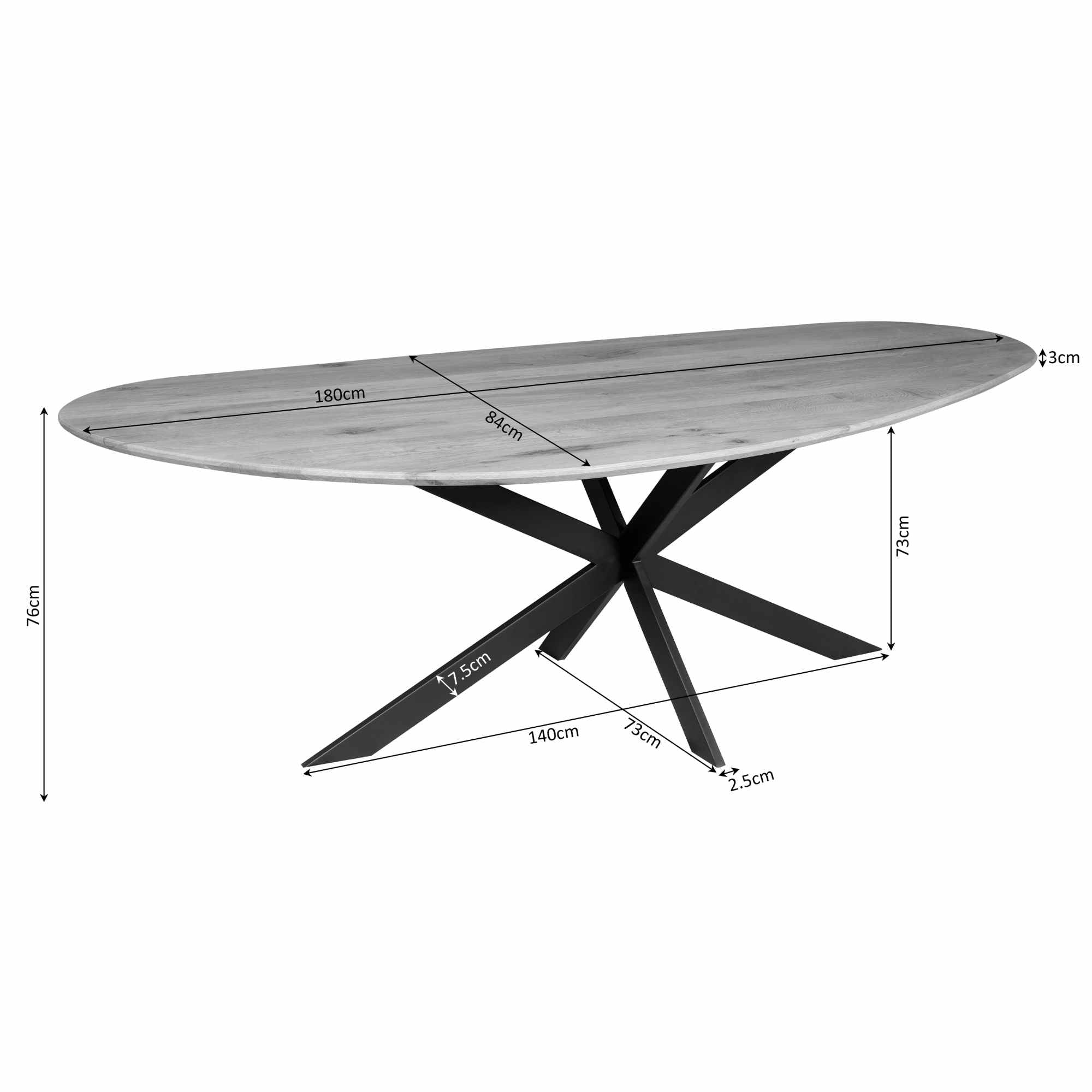 Esstisch Sky Schwarz-FSC Eichenholz, organische Form, 180x84x76 cm