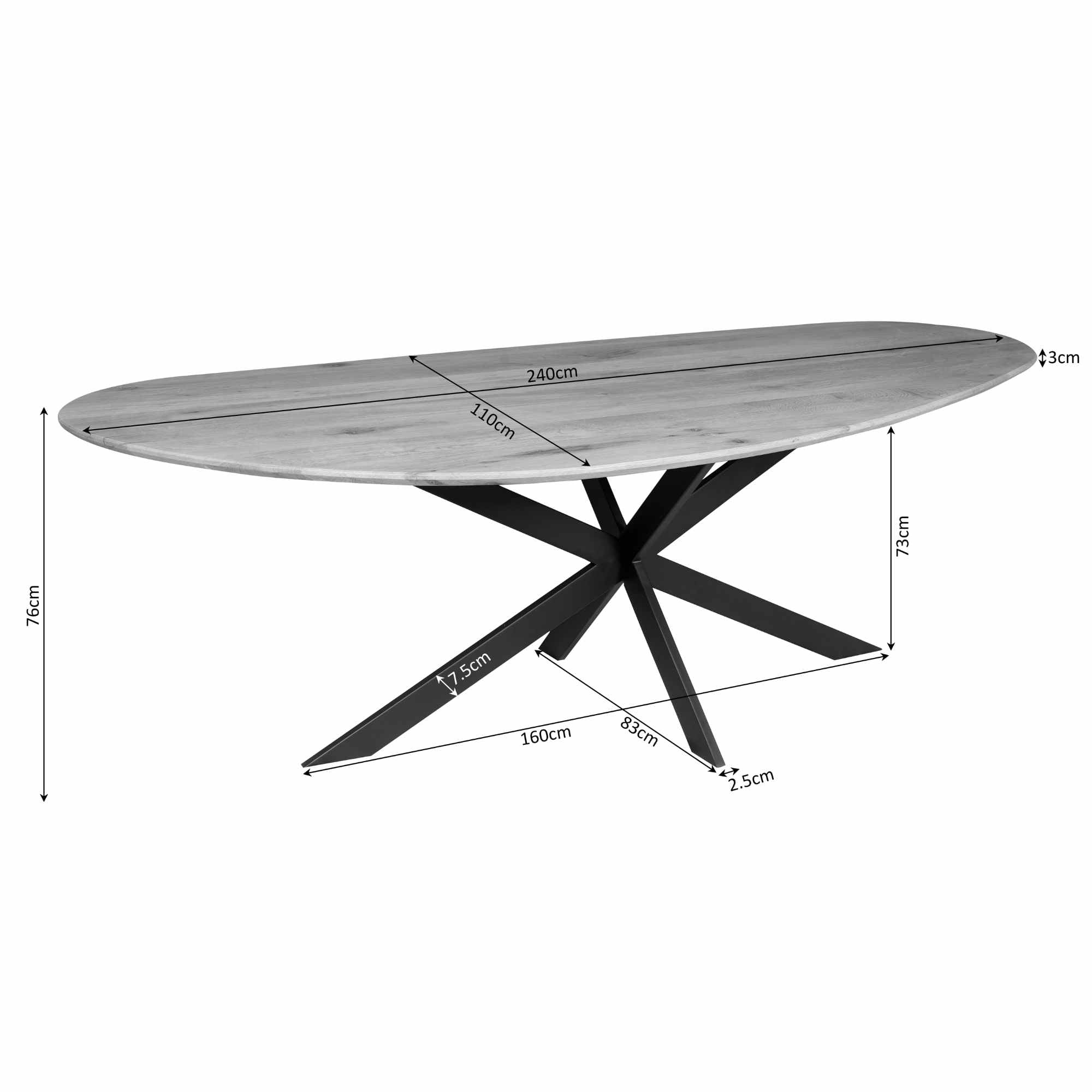 Esstisch Sky Schwarz – FSC Eiche, organische Tischplatte & schwarzes Matrixgestell, 240 x 110 x 76 cm