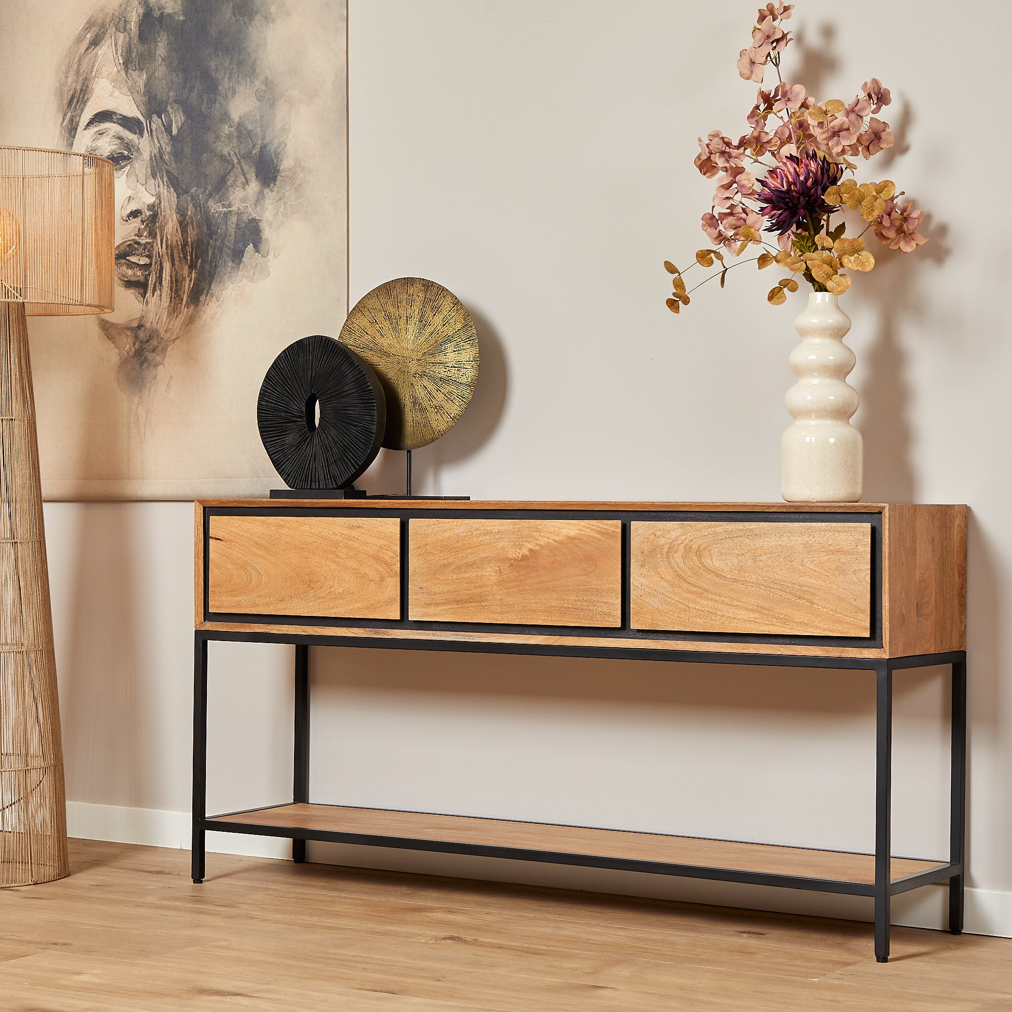 Konsolentisch Rois Mango Natur 150x35x76 cm – moderner Tisch mit 3 Schubladen & Metallgestell