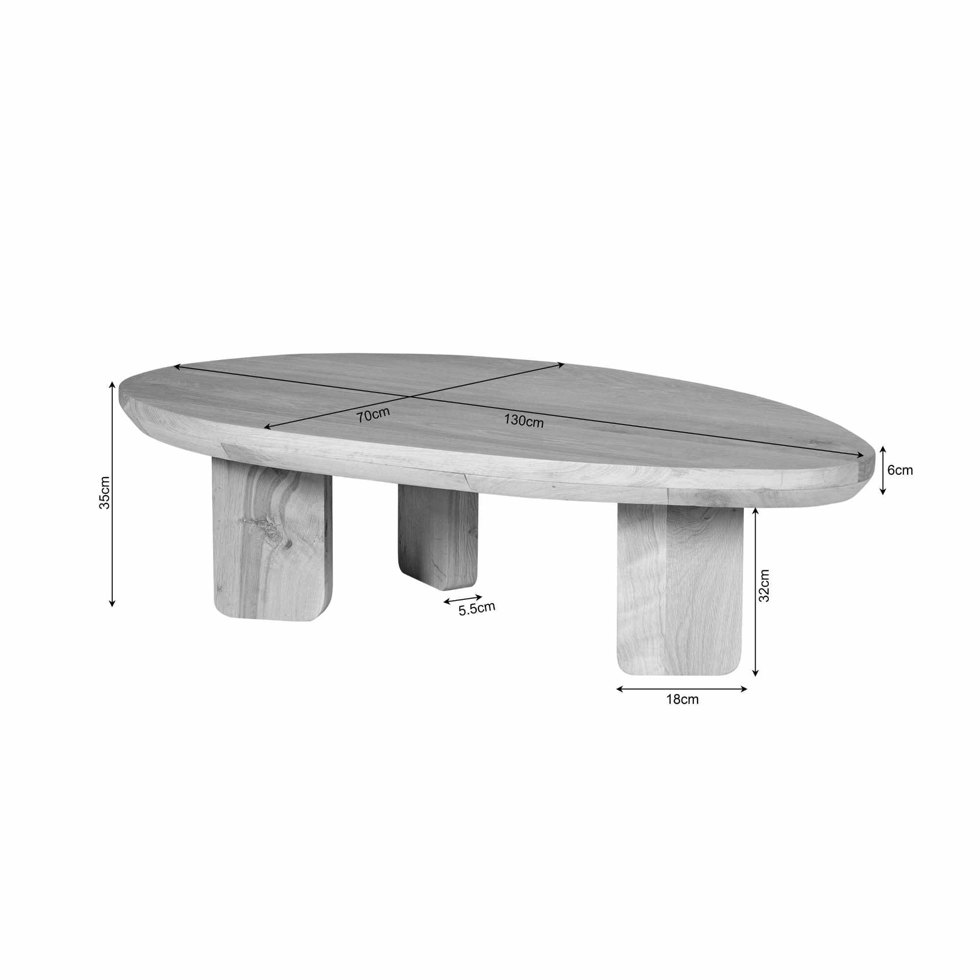 Couchtisch Zillah – Eiche natur, dreieckiges Design mit sanften Rundungen, 130 x 70 x 35 cm