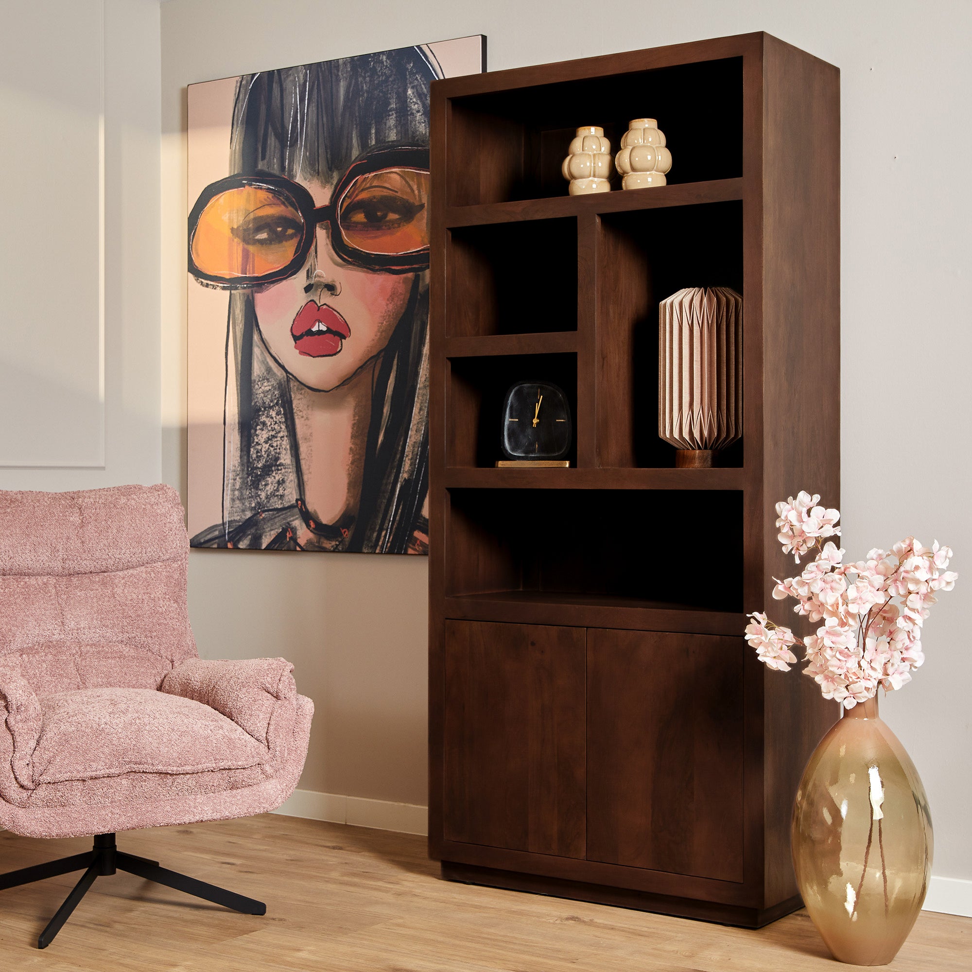 Bücherregal Bali Braun 90x45x200 cm – modernes Mangoholz Regal mit 5 offenen Fächern & 2 Türen