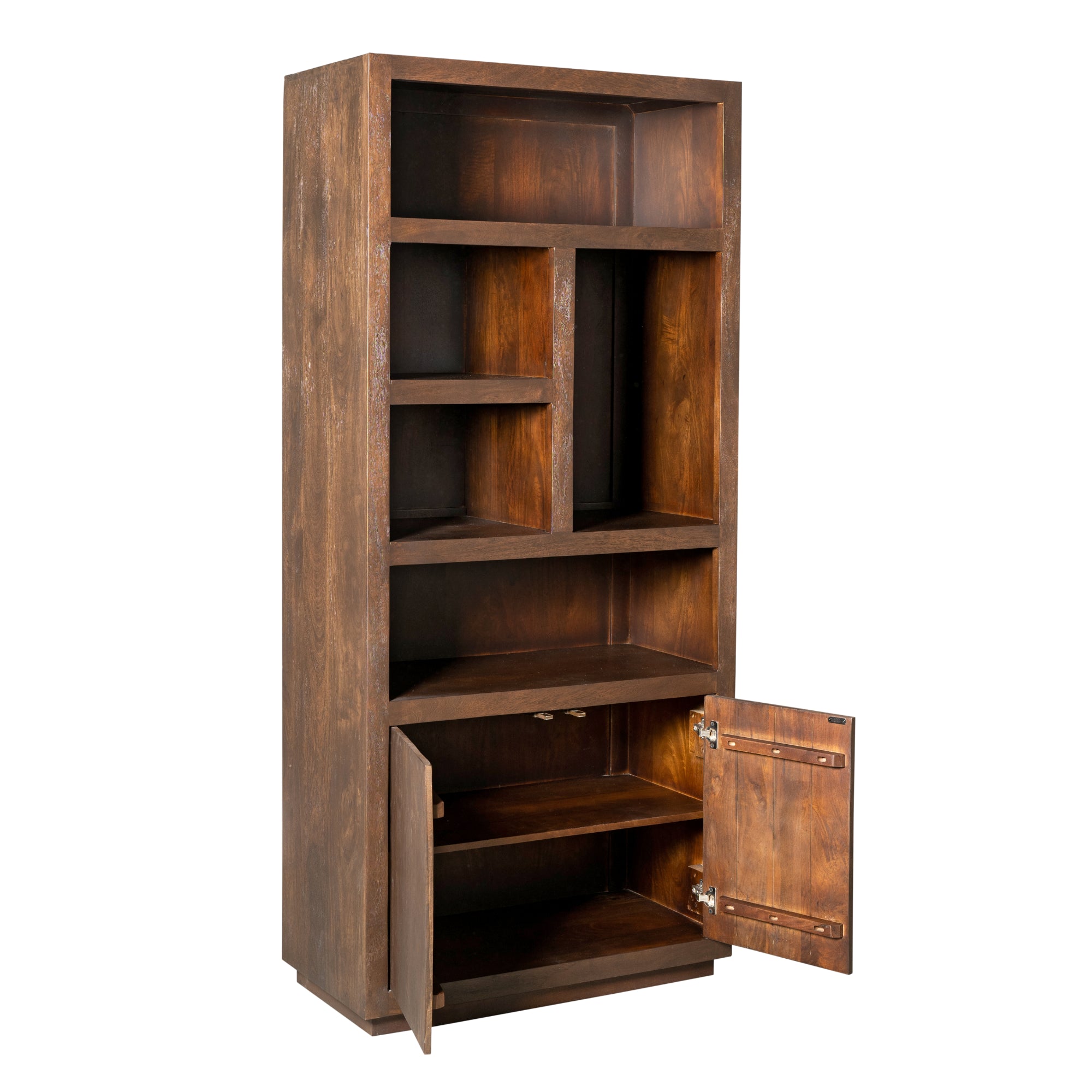 Bücherregal Bali Braun 90x45x200 cm – modernes Mangoholz Regal mit 5 offenen Fächern & 2 Türen