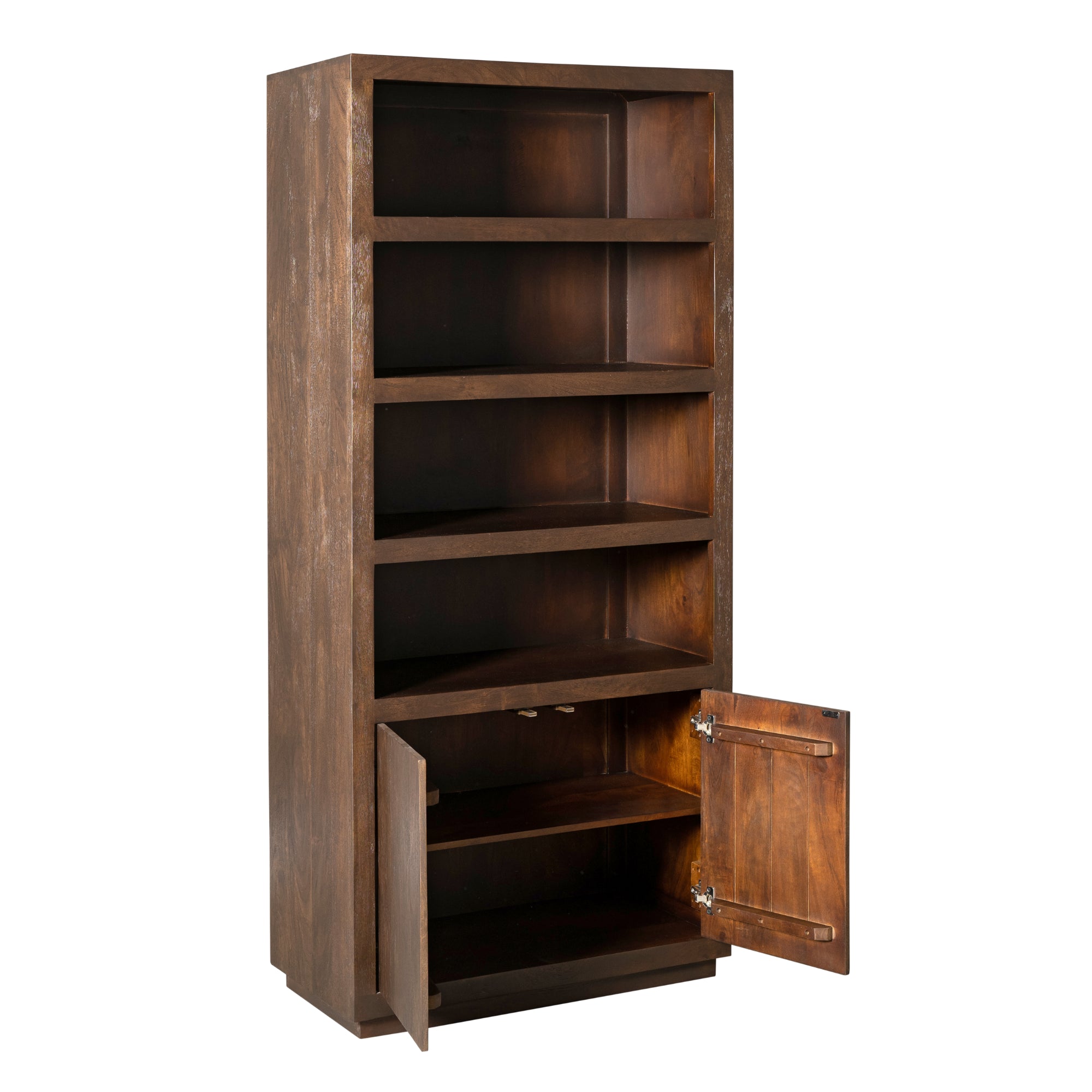 Bücherregal Bali Braun – Regal aus Mangoholz mit Push-to-Open-Türen, 90 x 45 x 200 cm, modernes Aufbewahrungsregal