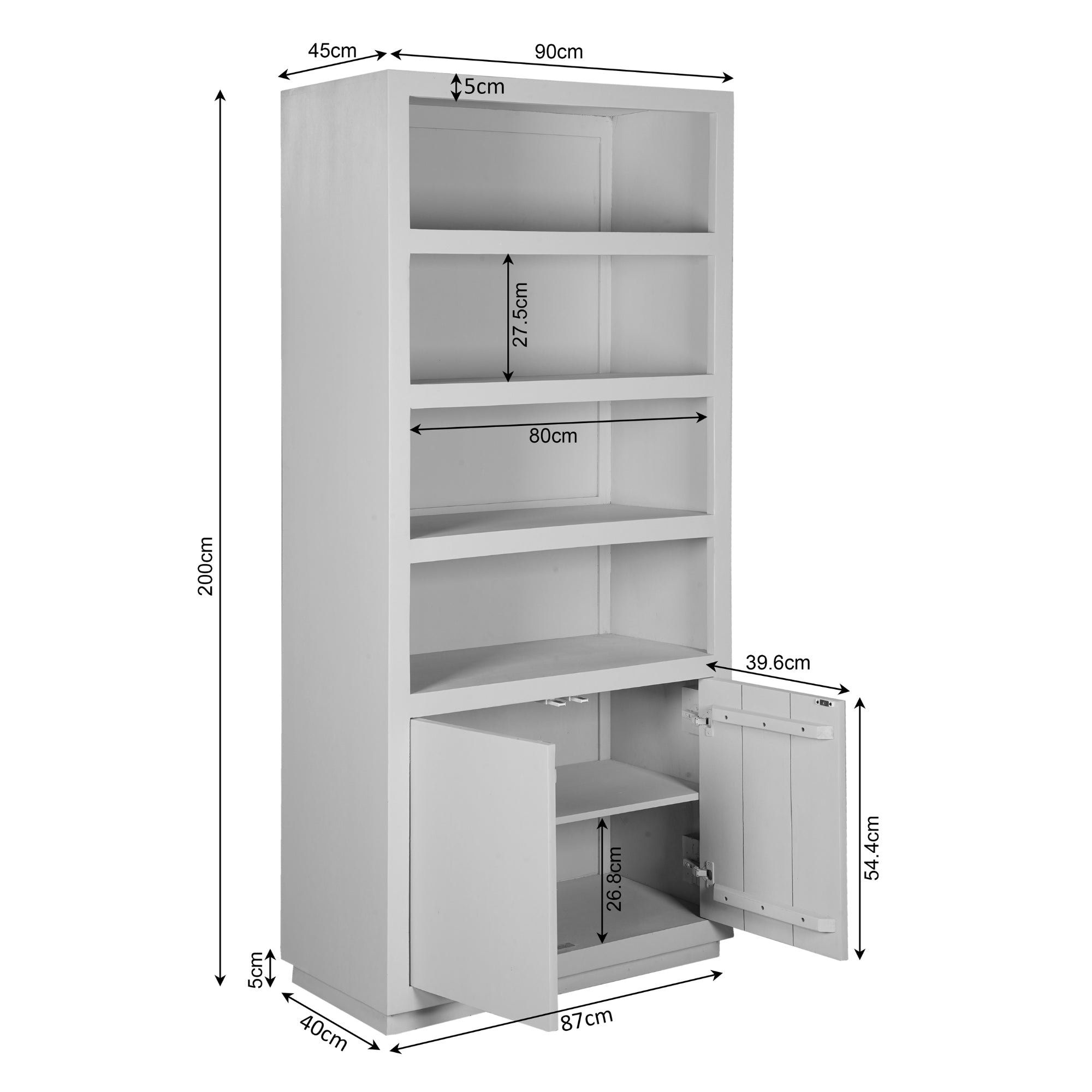 Bücherregal Bali Braun – Regal aus Mangoholz mit Push-to-Open-Türen, 90 x 45 x 200 cm, modernes Aufbewahrungsregal