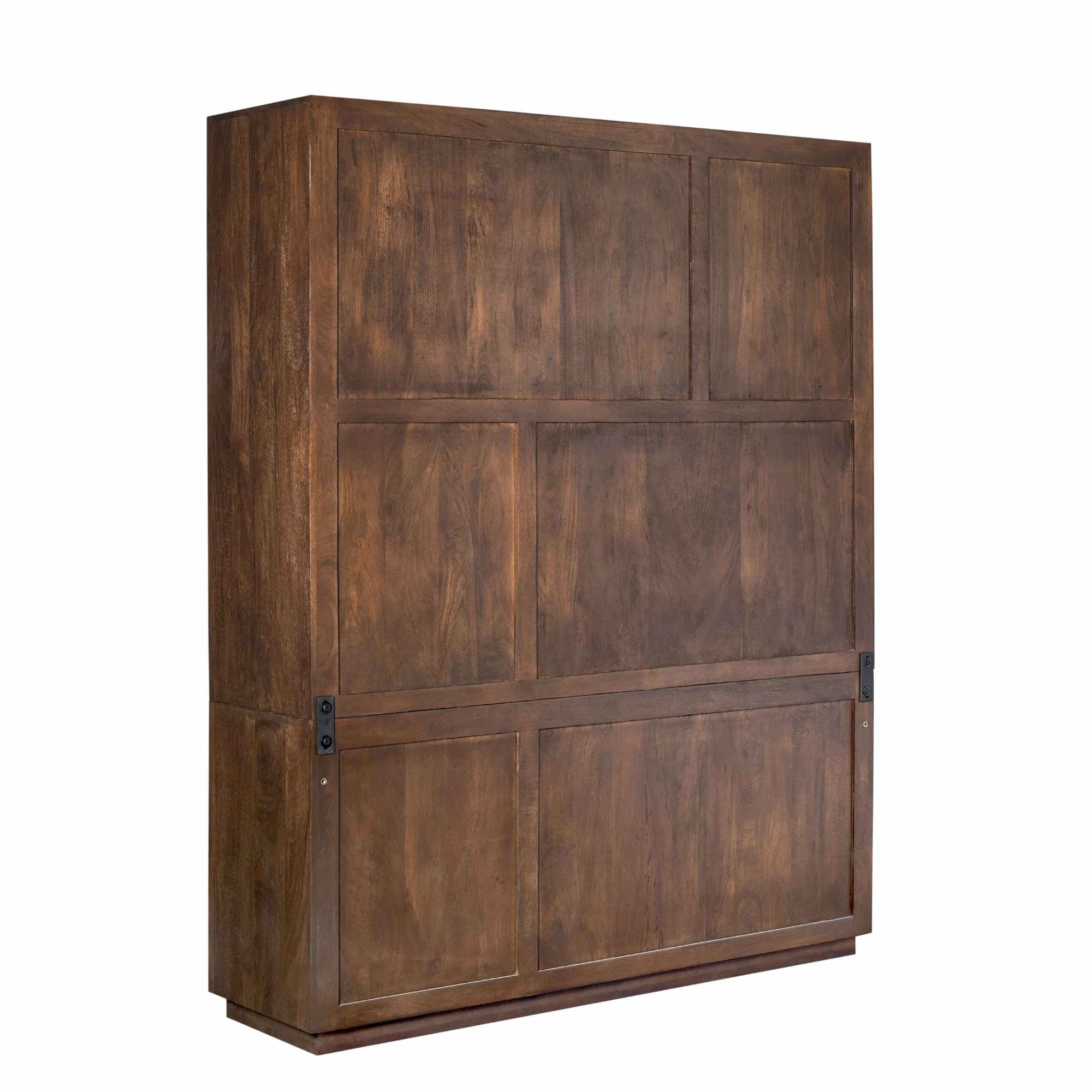 Regal Bali Braun XL – modernes Mangoholz-Regal mit offenen Fächern & 3 Türen, Push-to-Open, 160 x 45 x 200 cm