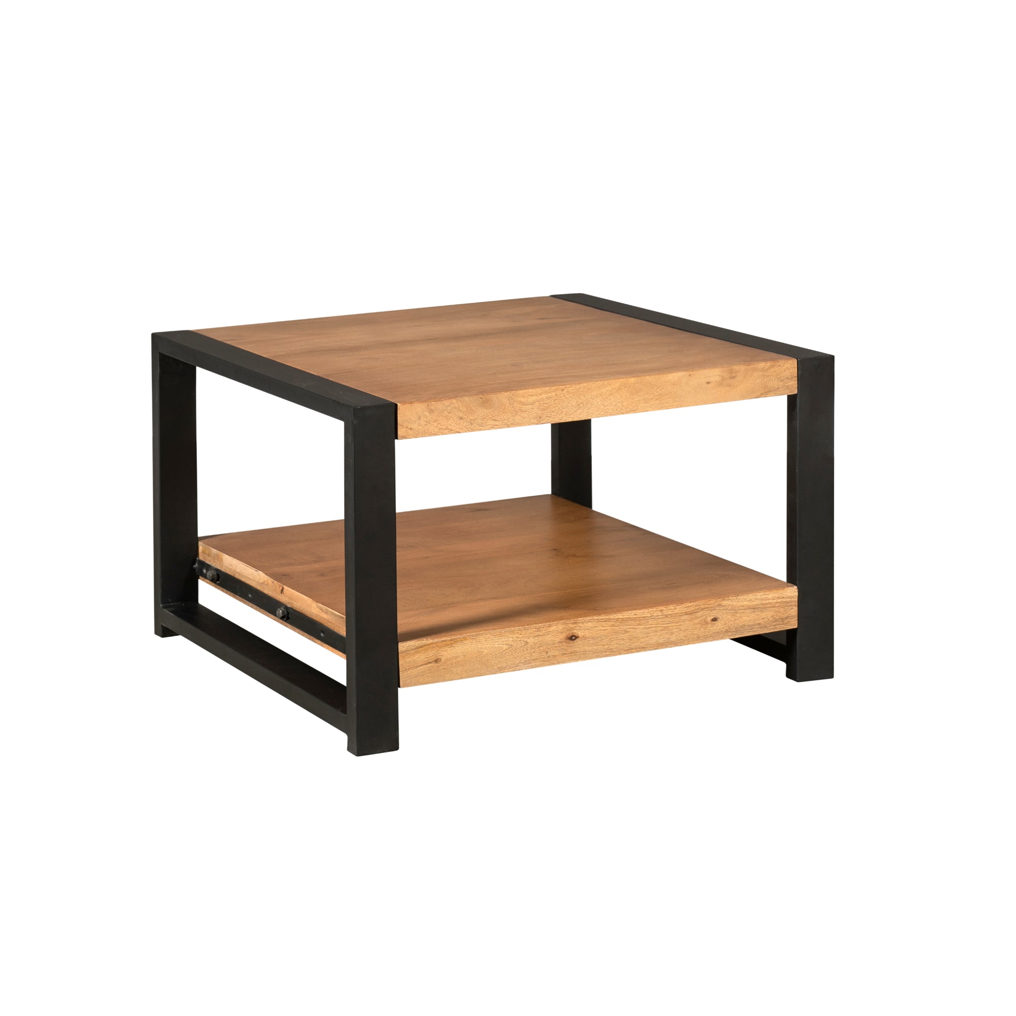 Couchtisch Bori Natur 80x80x40 cm – Mangoholz mit Ablage & schwarzen Metallbeinen