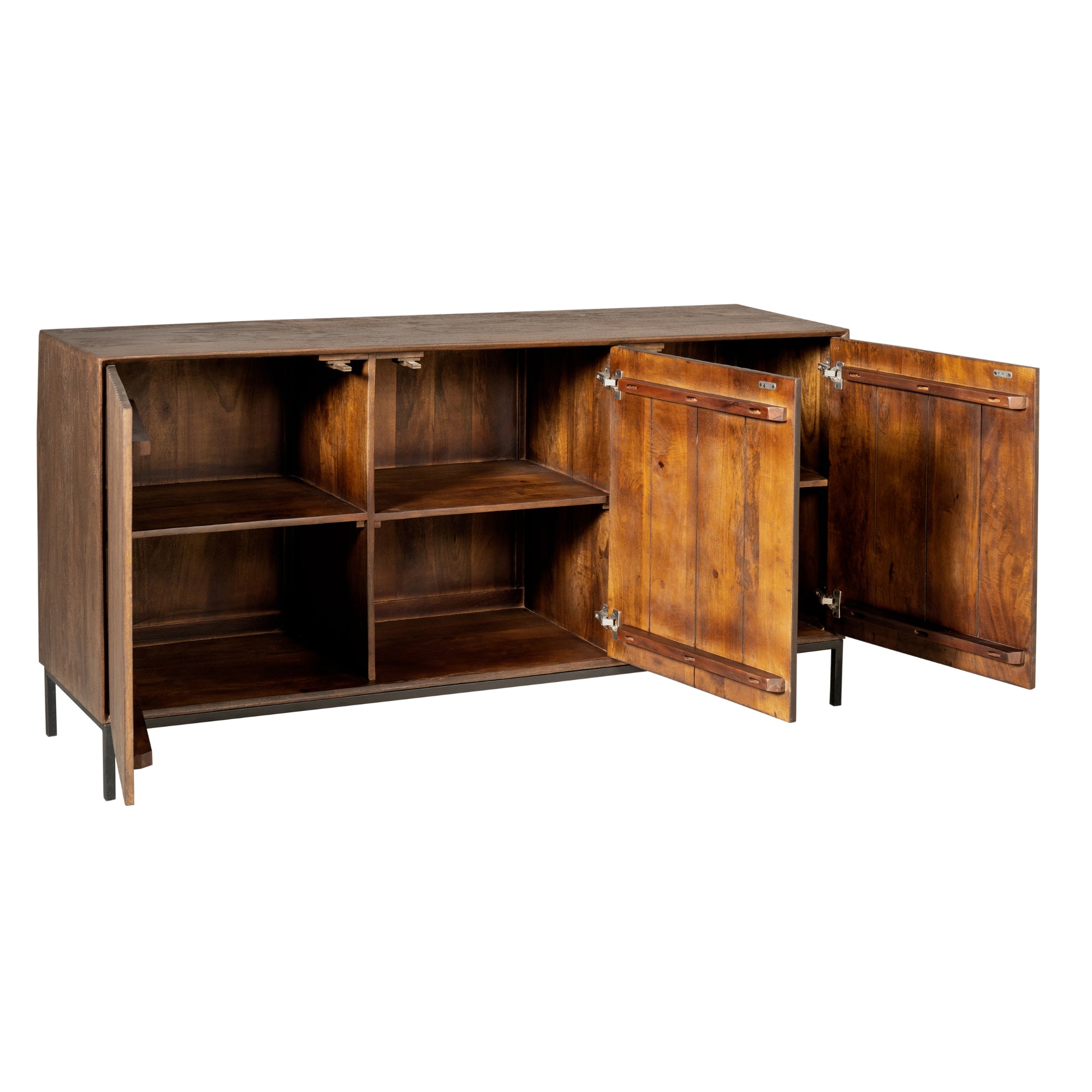 Sideboard Mandy Braun 165x45x85 cm – moderne Mangoholz Kommode mit Lamellenfront & schwarzem Metallrahmen
