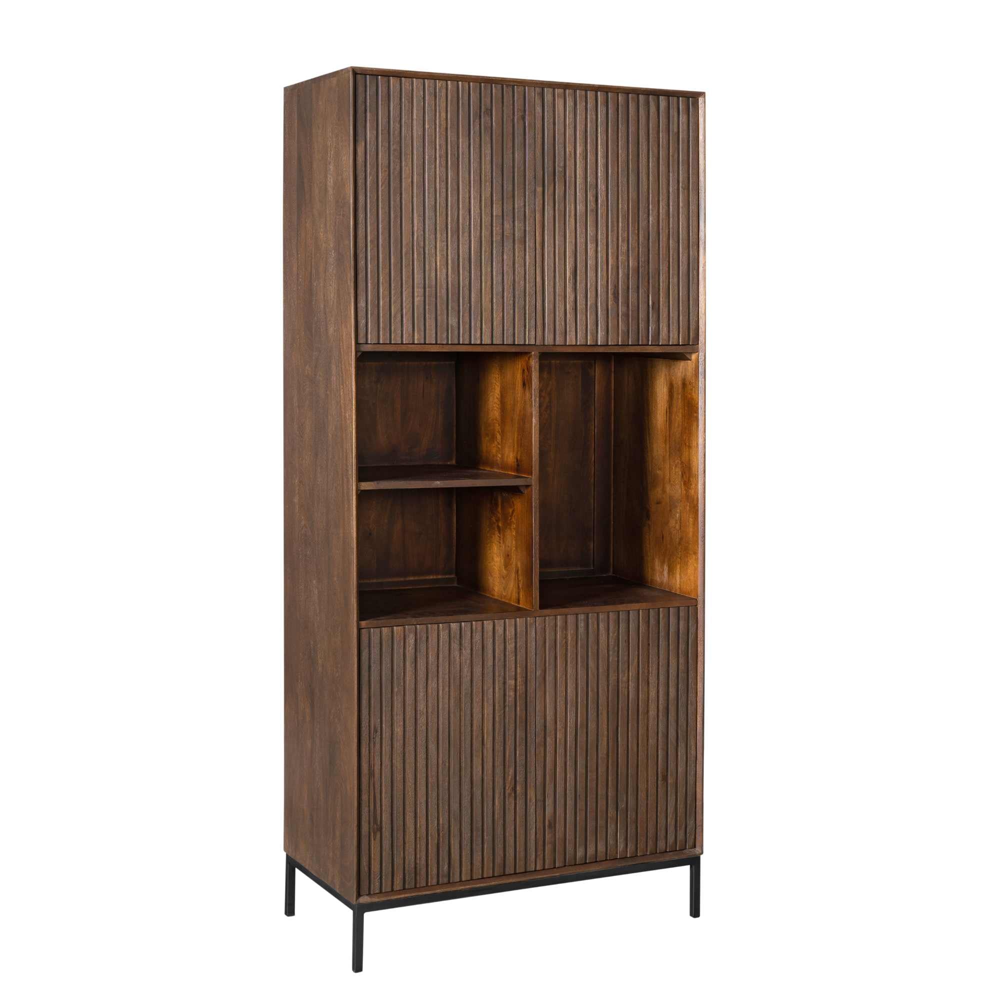 Stauraumschrank Mandy Braun – Mangoholz Schrank mit Metallrahmen & Lamellen-Design, 90×200×45 cm, 4 Türen & 3 offene Fächer