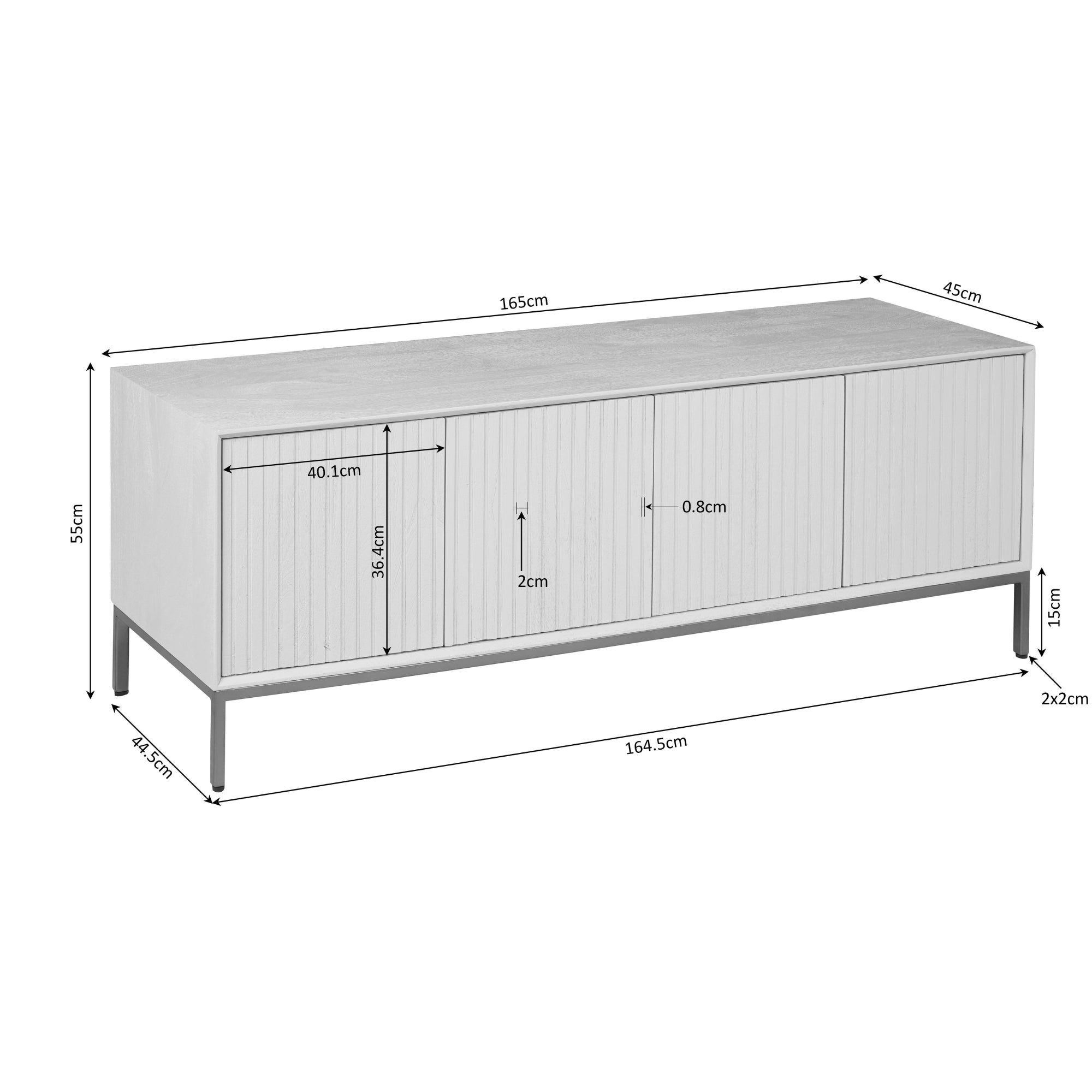 TV-Board Mandy 165x45x55 cm – Lowboard aus Mangoholz Natur mit 4 Türen & Push-to-Open-System