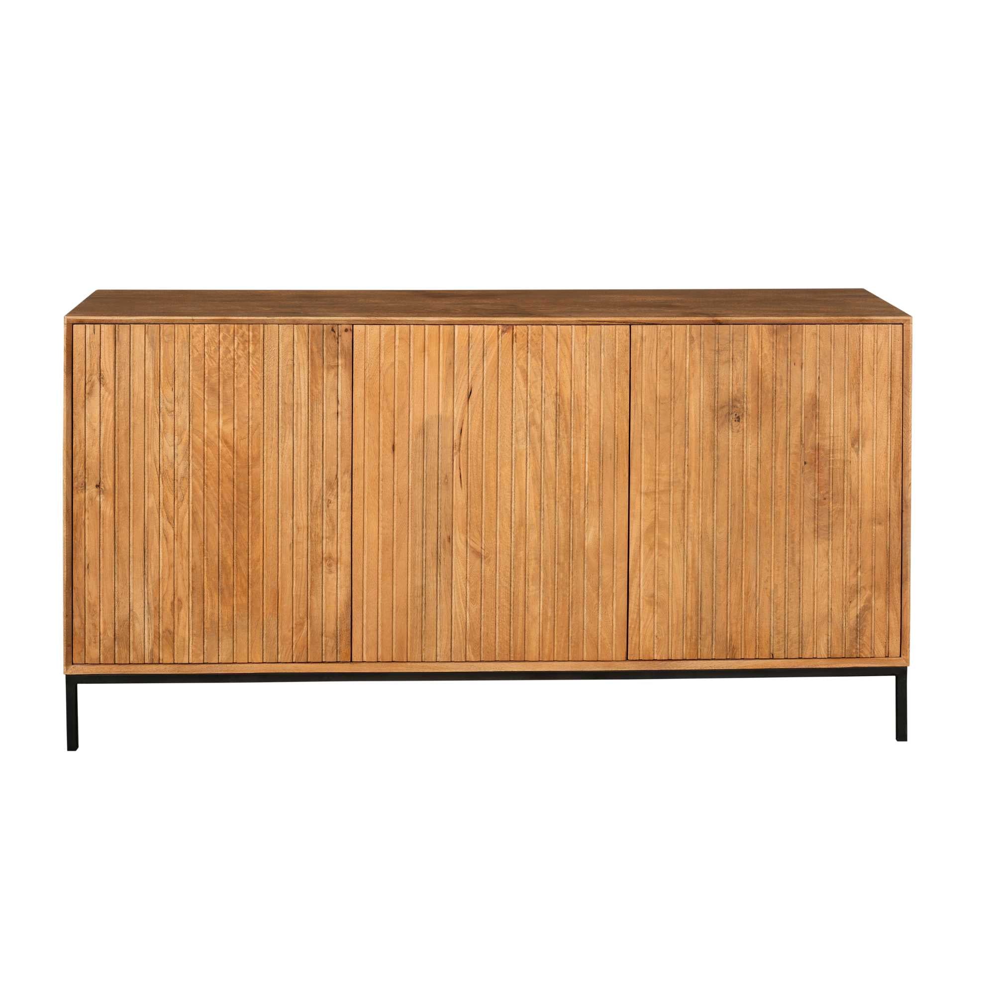 Sideboard Mandy Natur 165x45x85 cm – moderne Mangoholz Kommode mit Lamellenfront & Push-to-Open-System