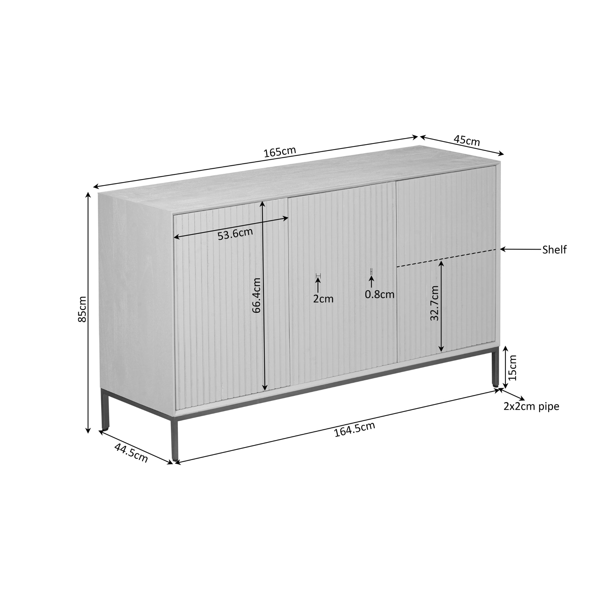 Sideboard Mandy Natur 165x45x85 cm – moderne Mangoholz Kommode mit Lamellenfront & Push-to-Open-System
